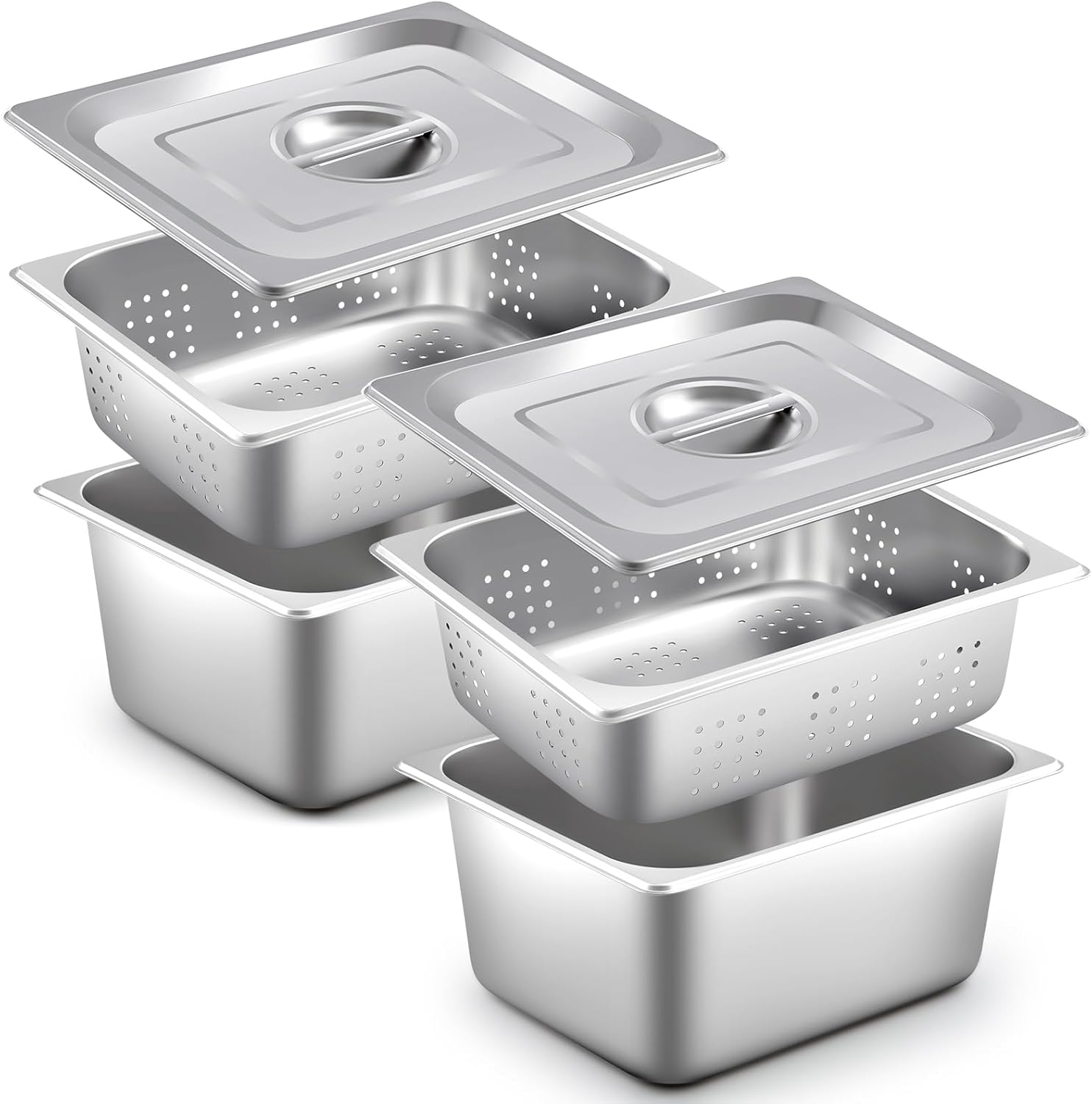 Mifoci 6 Pcs 1/2 Size Full Size Hotel Pan with Lid Set Include 2 Stainless Steel Pan, 2 Perforated Steamer and 2 Steam Table Pot Cover for Restaurant Kitchen Supplies