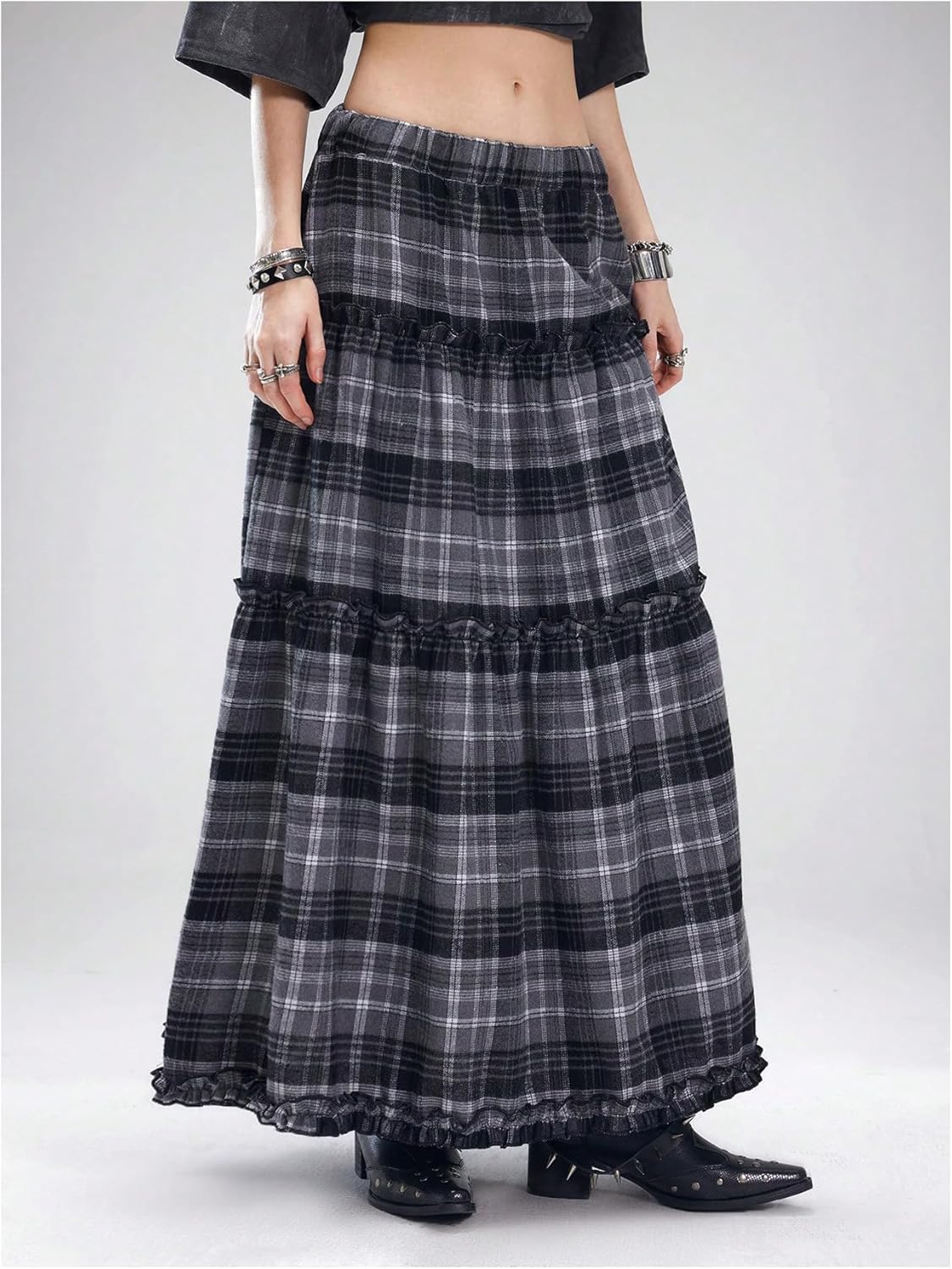 Verdusa Women's Grunge Gingham Plaid Tiered Maxi Skirt Vintage Ruffle A Line Long Skirts - Image 3