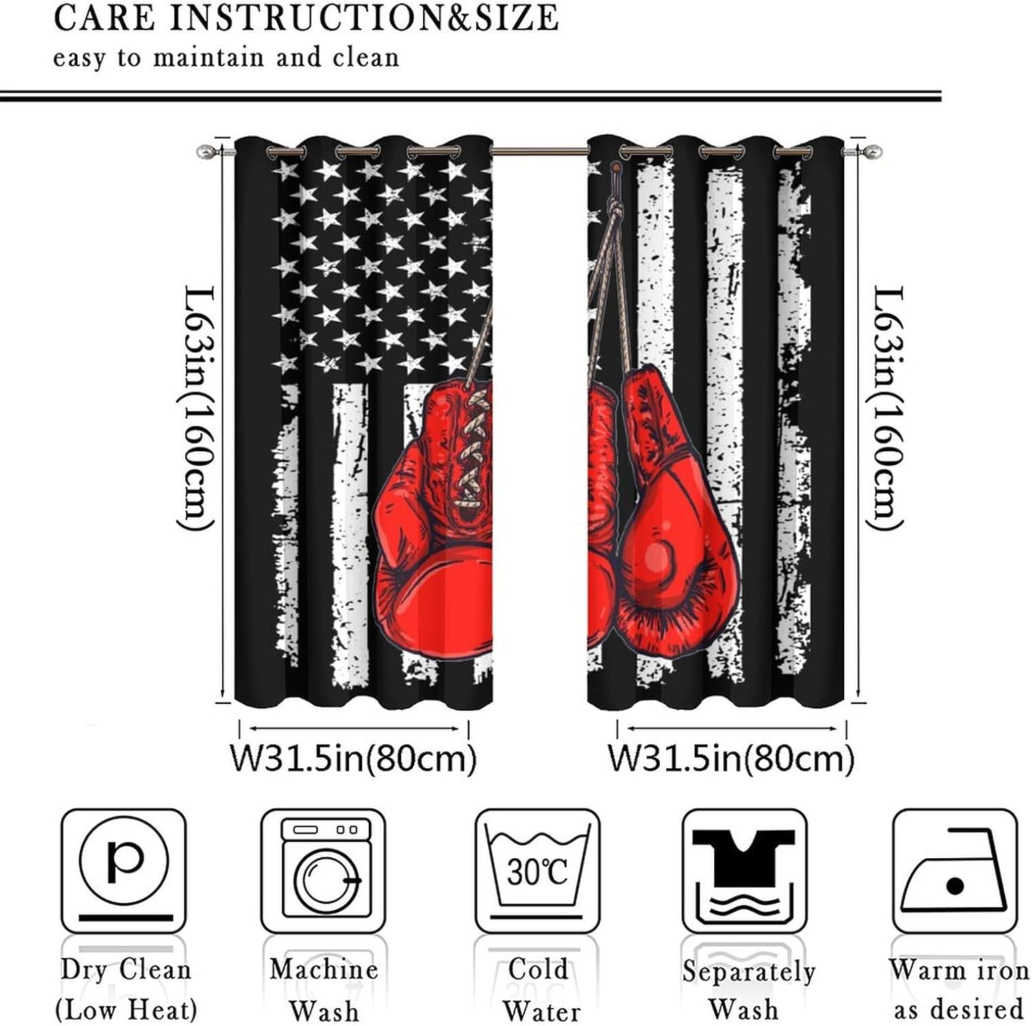 Sports Boxing Gloves Theme Curtains Retro Boxing Red Boxing Gloves American Flag Design Window Drapes Rod Pocket Curtains Darkening Window Treatments 2 Panels 63" L x 31.5" W