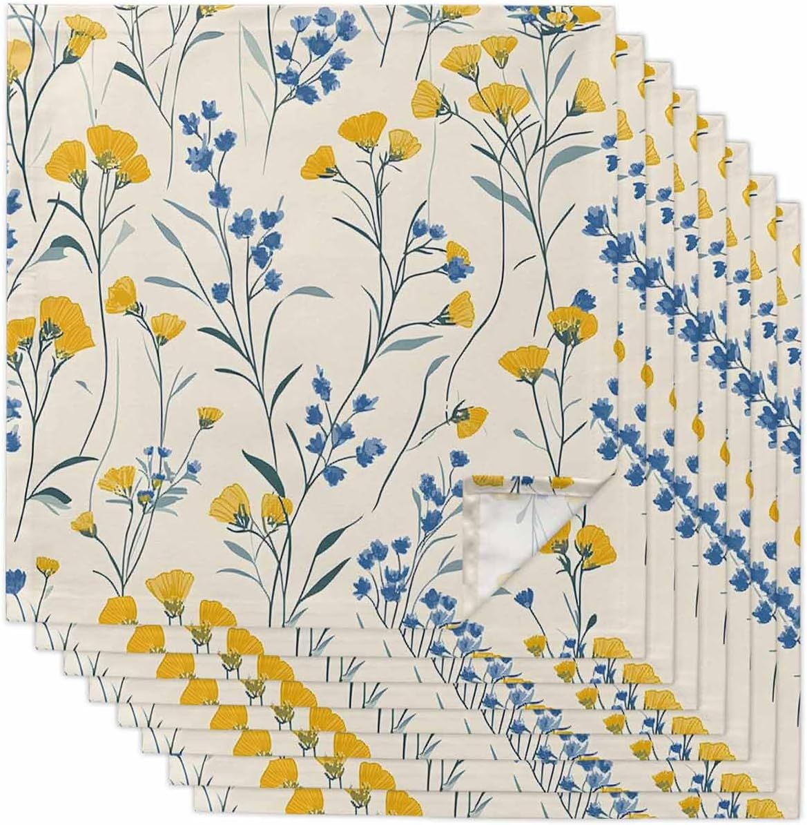 Cloth Napkin 8PCS Yellow Blue Flower Spring Absorbent Cotton Napkins Reusable Soft Blue Yellow Rustic Flowers Linen Napkins for Family Dinners Dining Cocktail Parties Wedding and Everyday Use