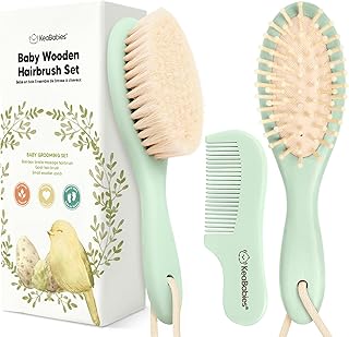 Baby Hair Brush Set for Newborns - Soft Goat Bristle Wooden Baby Brush and Comb Set Newborn Grooming Kit for Cradle Cap, Durable & Gentle, Boy, Girl Infant Essentials Care Kit (Regular, Sage)
