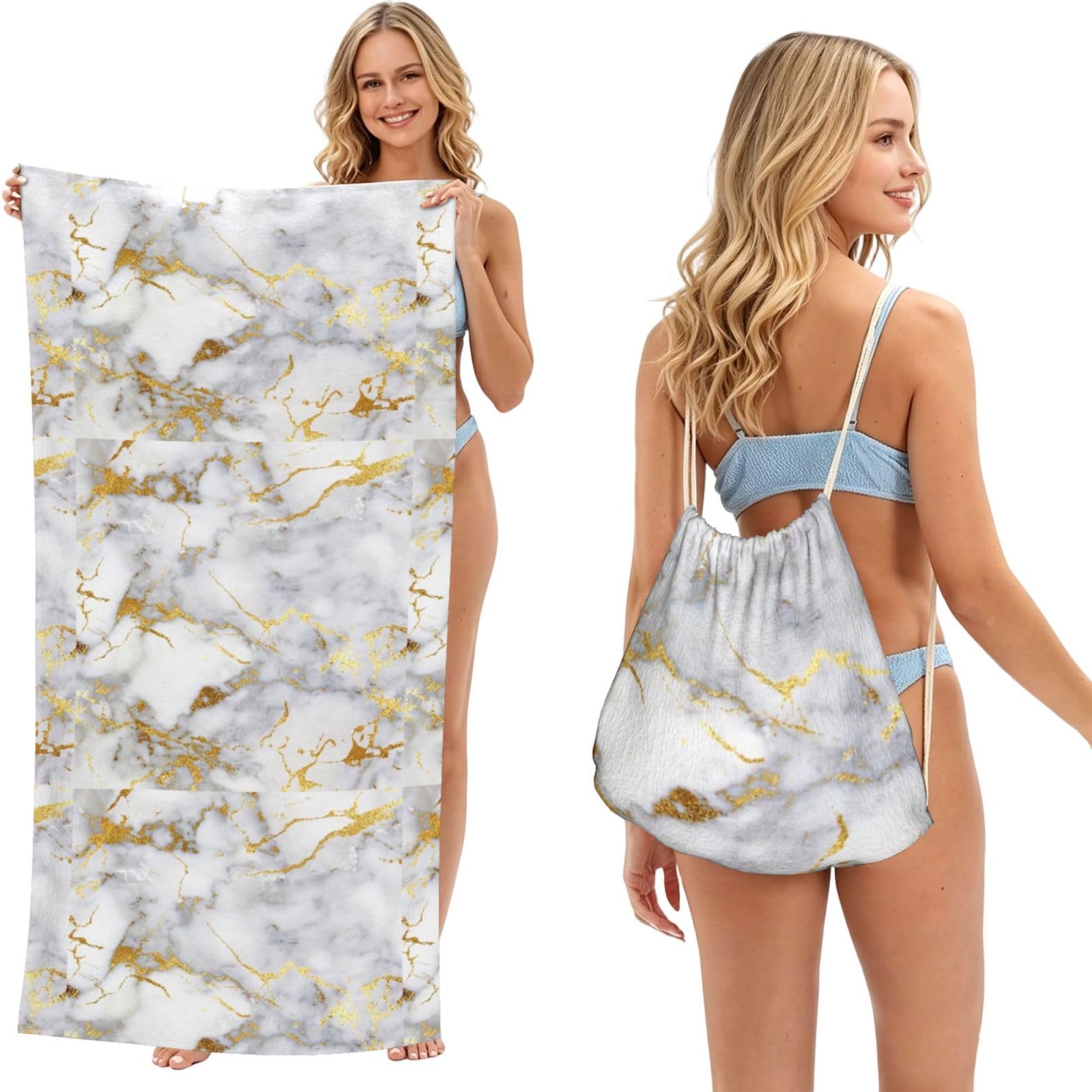 Poadnly As Picture Gold Marble, 2 In 1 Packable Towel Bag, Beach Towels With Drawstring Backpack For Travel Holiday Camping