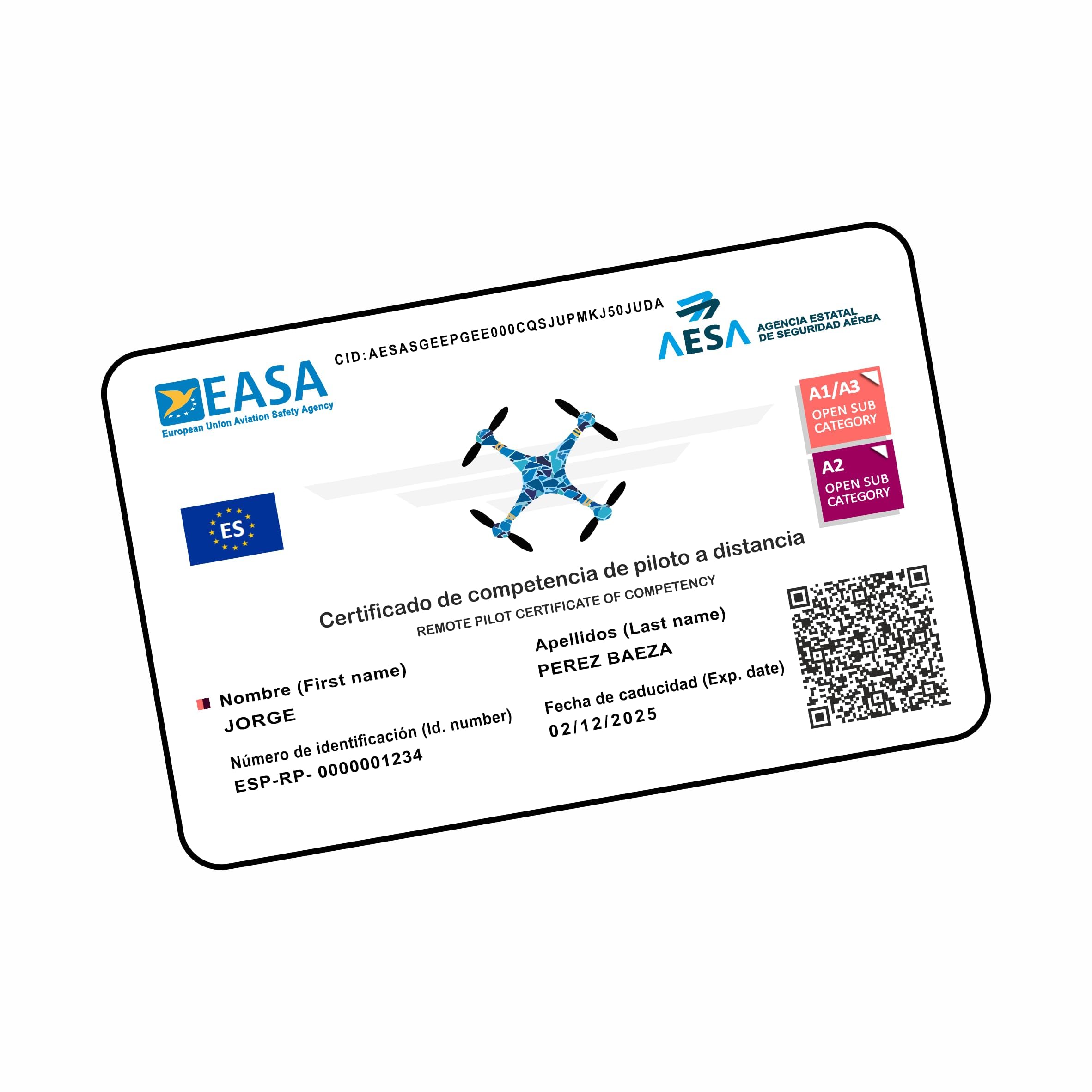 ● TARJETA DE PVC EASA ● Impresión Una cara ● Impresión Doble cara ● Número de Operador + Certificado de Piloto de drones | A1/A3 | A2 | STS (1 Tarjeta | Impresión a Doble Cara)