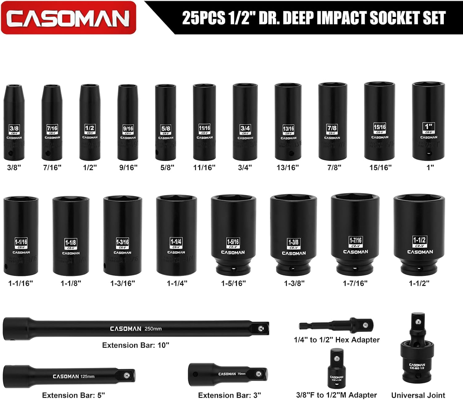 CASOMAN 25 PCS 1/2" Drive Deep Impact Socket Set with Case, 6 Point, 3/8" - 1-1/2", SAE, Include Extension Bars, Socket Adapter, Drill Adapter and Universal Joint