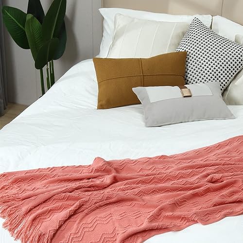 Miniatura 5 de CREVENT Manta decorativa de punto para sofá, silla, cama, suave, cálida, acogedora, ligera, para primavera y verano (50 x 60 pulgadas, salmón)