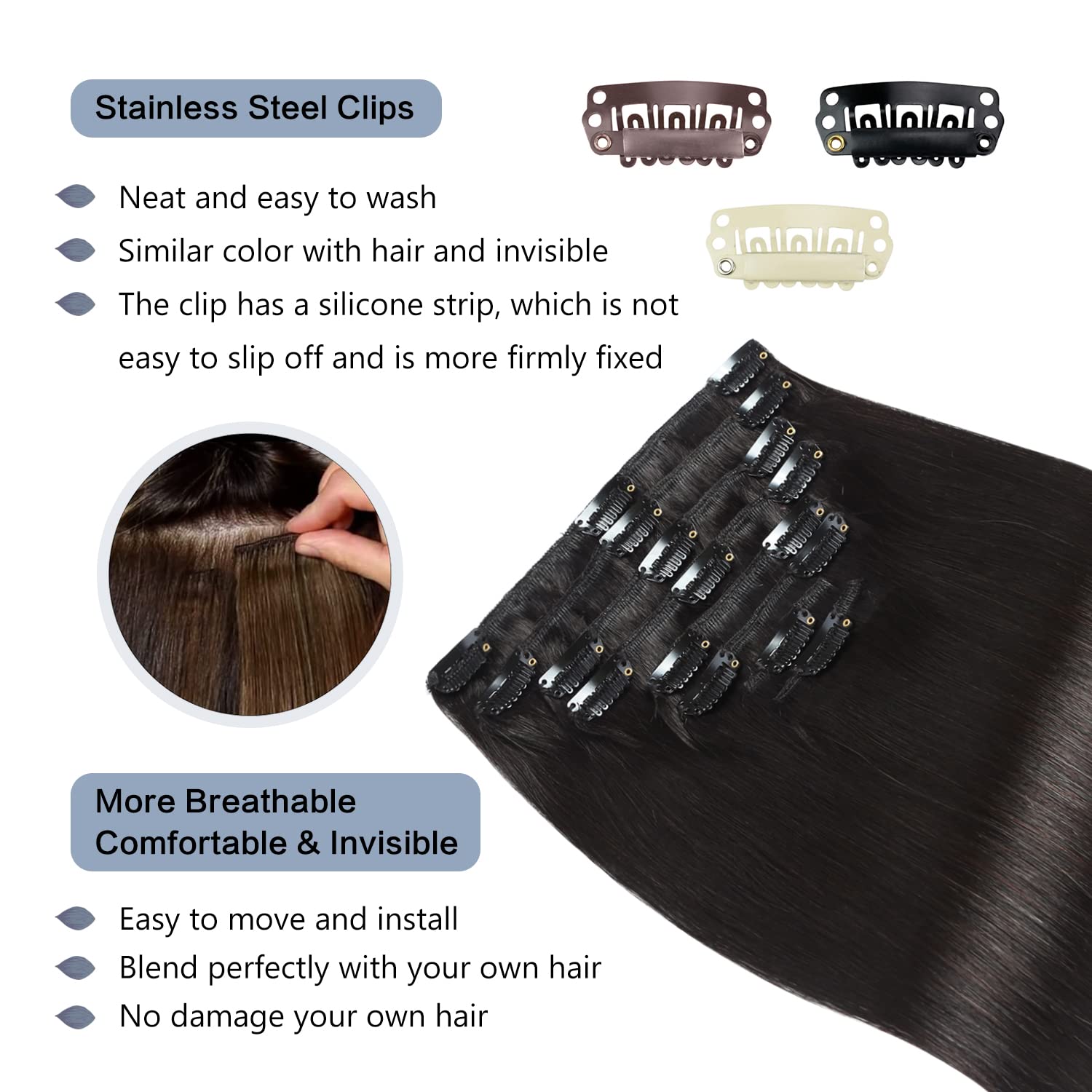 Sunya Clip In Echthaar Verlängerungen Remy Clip in Extensions Human Hair Natürliches Schwarz Nahtlos Glattes Haar Extensions Real Bouble Hair Weft 45cm 120g 8pcs