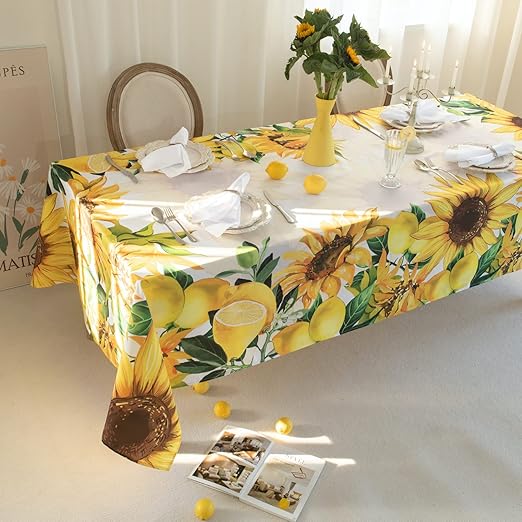 Lemons and Sunflower Printed Tablecloth 60x84 Inch, Water