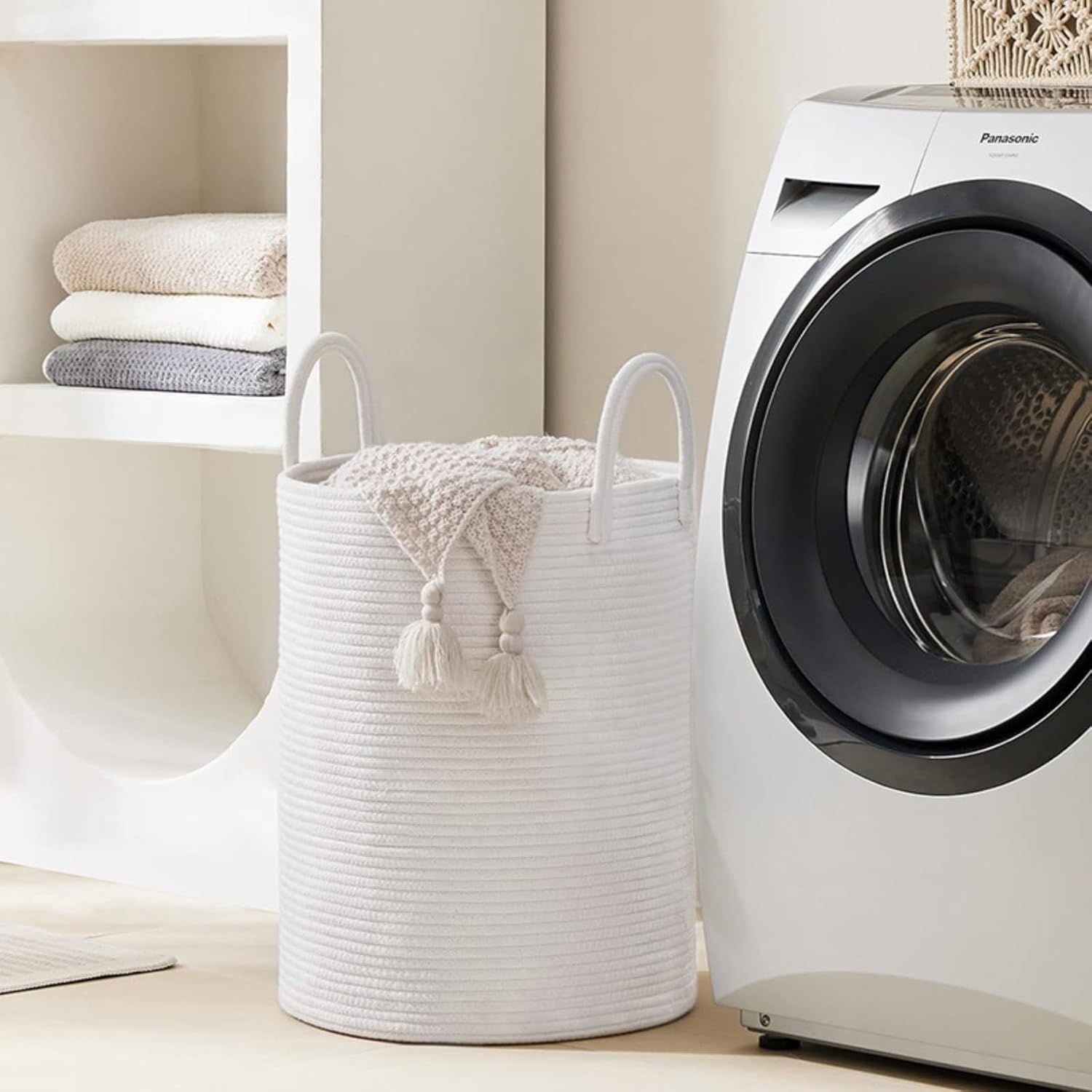 Generic Jute Rope Laundry Basket, 58L Tall Storage Basket, Ideal for Bedroom Organization of Blankets and Clothing (White)