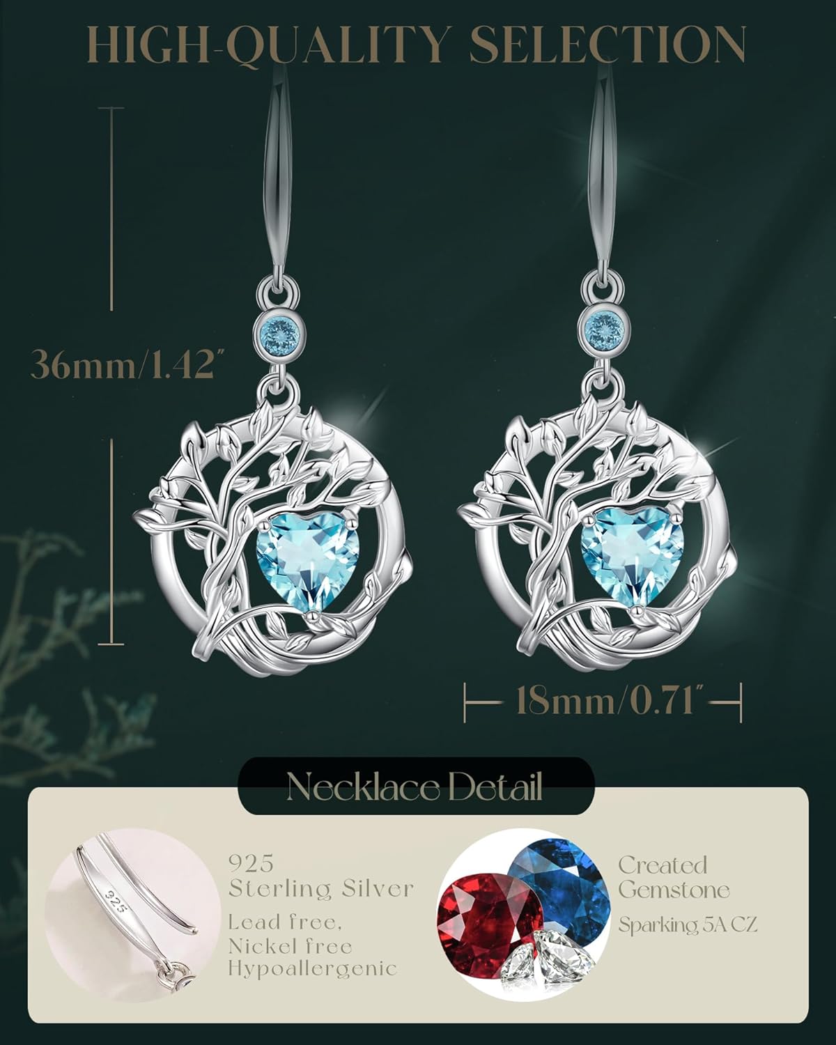 FANCIME Valentines Day Gift Tree of Life Dangle Drop Earrings 925 Sterling Silver Dainty Round Gemstone Birthstone Earring Fine Jewelry Birthday Gifts for Her Women - Image 5