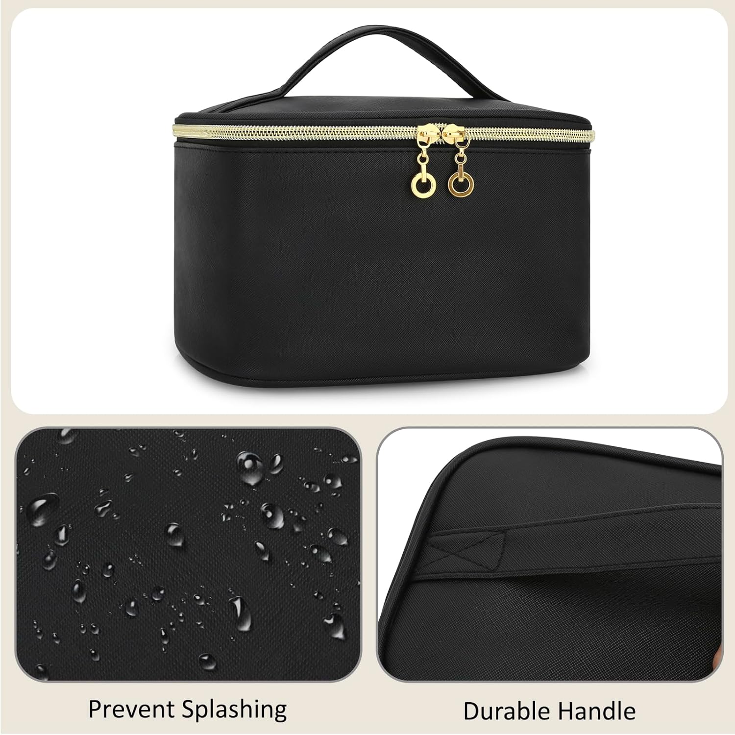 Small Makeup Bag Travel Cosmetic Bag Toiletry Zipper Pouch Make Up Organizer Bag with Handle Purse for Women Soft PU Leather Skincare Case (L02-Black) - Image 4