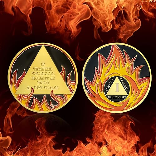 Miniatura 5 de Monedas AA y medallones de chips de sobriedad de llamas de 1 año, regalos de sobriedad para hombres y mujeres (año I)
