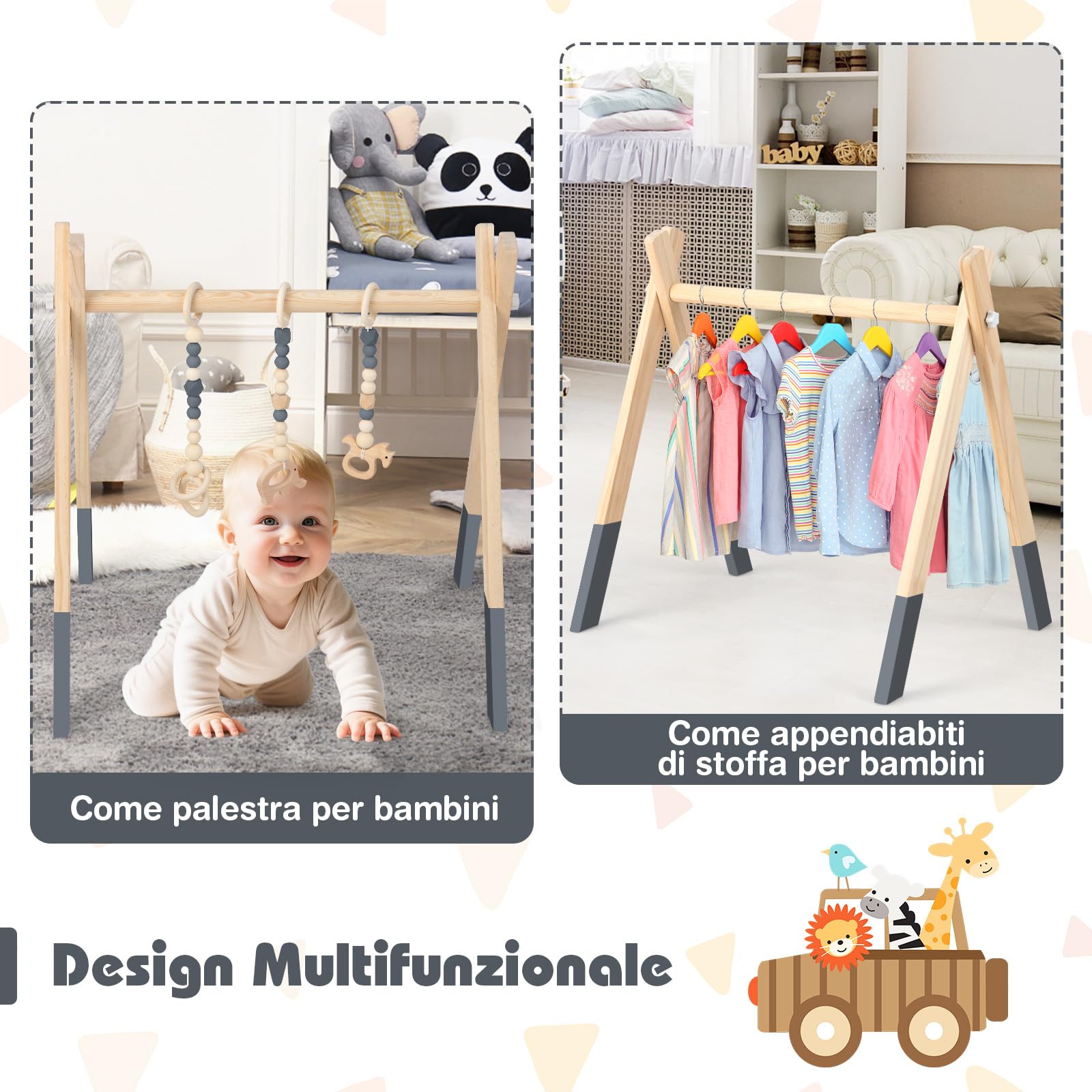 COSTWAY Palestrina Bambini in Legno, Giocattolo a Trapezio Pieghevole Neonati, Montessori Arco da Gioco, per Bambini 3+ Mesi (Grigio)