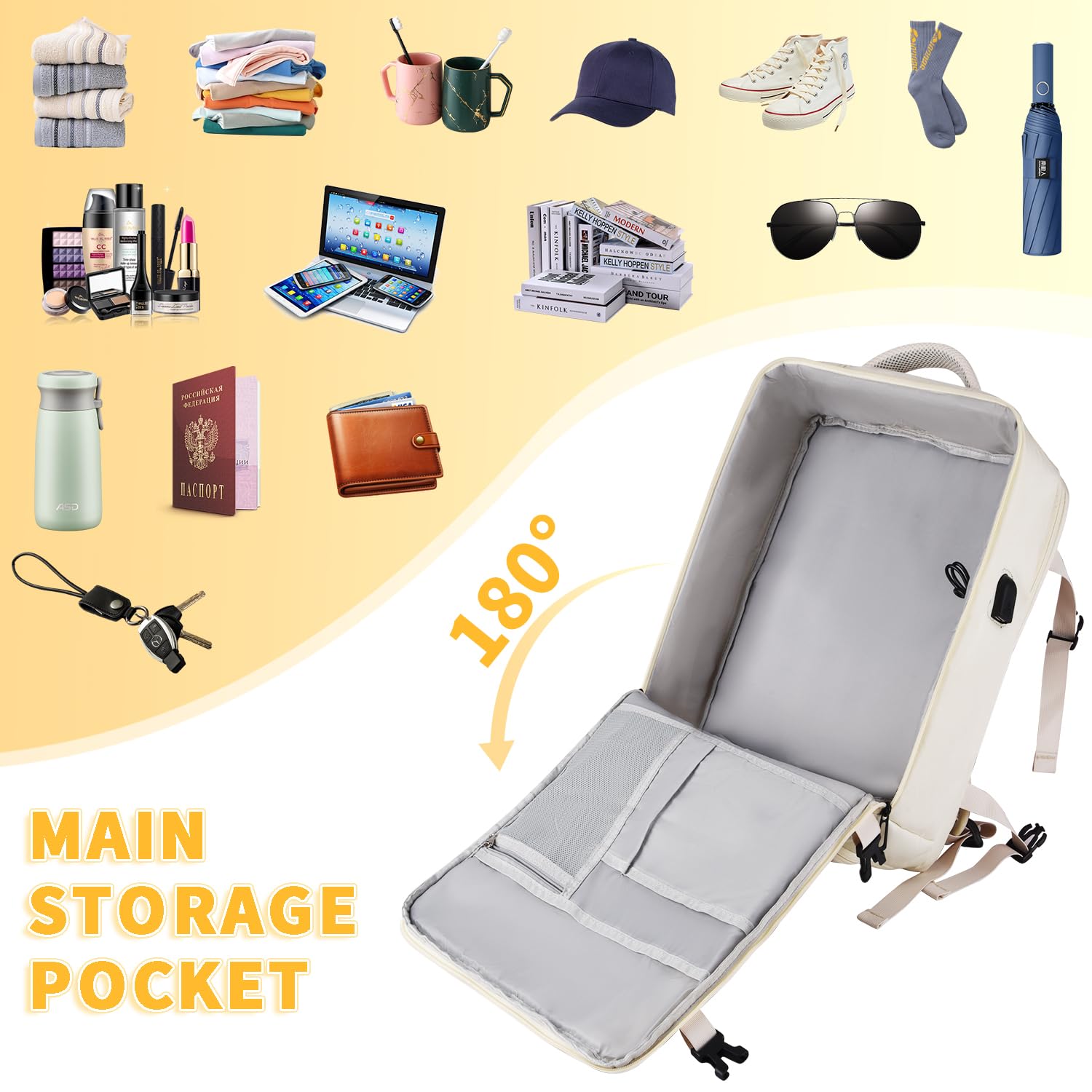 Leyrica Zaino da Viaggio per Ryanair/Wizzair 40x20x25 Bagaglio a Mano Unisex Borse da Cabina Zaino per Laptop 15 pollici Daypack Casual Zaino Università/Lavoro Impermeabile. (Beige)