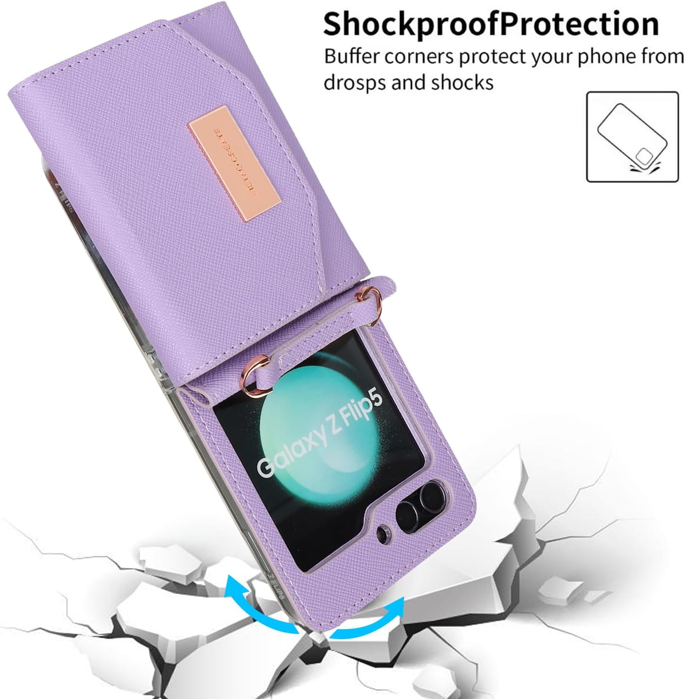 Phone Case for Samsung Galaxy Z Flip 5, Crossbody Wallet Phone Cover with Card Holders Cash Slot Wristlet Strap, Fashion Leather Handbag Flip 5 Phone Case for Women Girls (Purple)