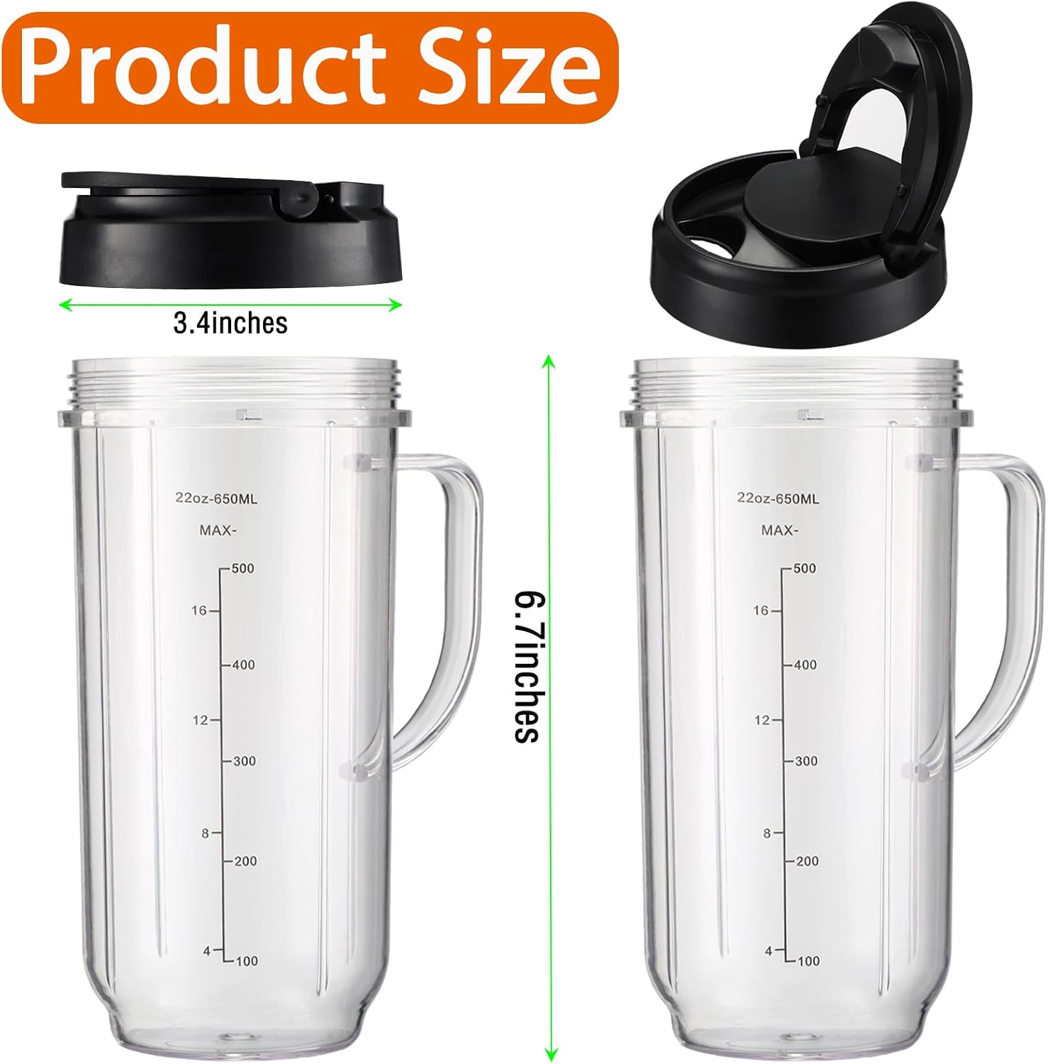 Replacement Cups For Magic Bullet Replacement Parts 22oz Blender Cups compatible with 250W Magic Bullet MB1001 MBR-0701AK (Measured Markings), Tall 22oz Cup Flip-Top Lid, Mug with Handle