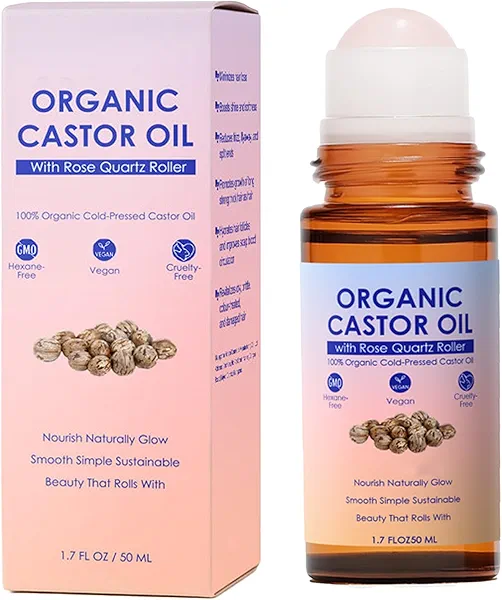 tuyapio Organic Golden Castor Oil Roll-On with Rose Quartz Roller, Cold-Pressed Pure Organic Castor Oil Roller Ball for Hair Growth, Eyelashes, Eyebrows & Skin, 1.7 fl oz(1)