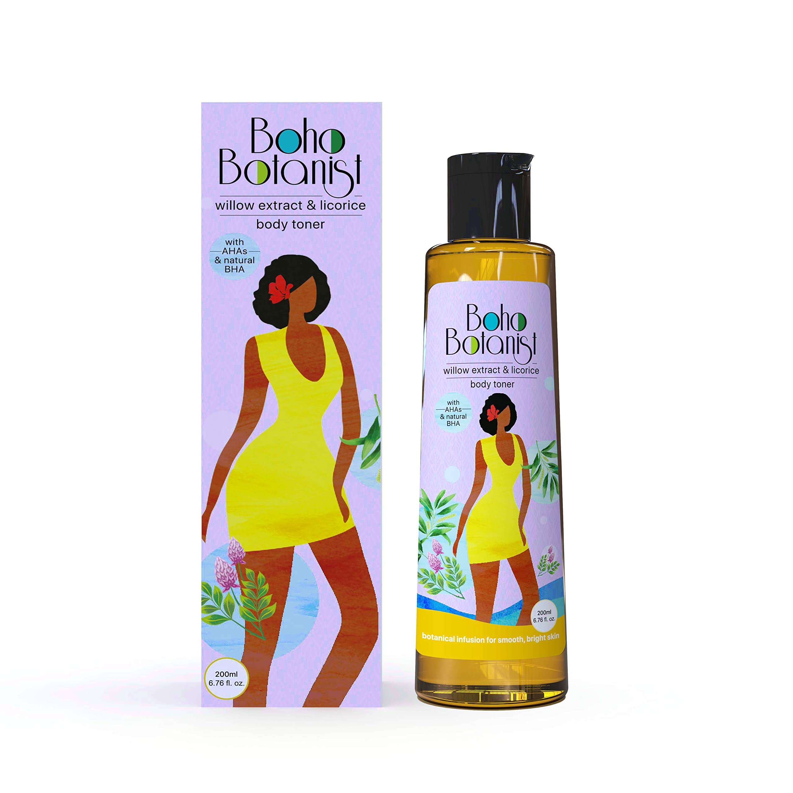 Boho Botanist Exfoliating Body Toner with Willow Extract & Liquorice for strawberry legs | 1% Plant AHA & BHA | For pigmentation & ingrown hair | SLS & Paraben Free | For All Skin types, Men & Women | 200 ml