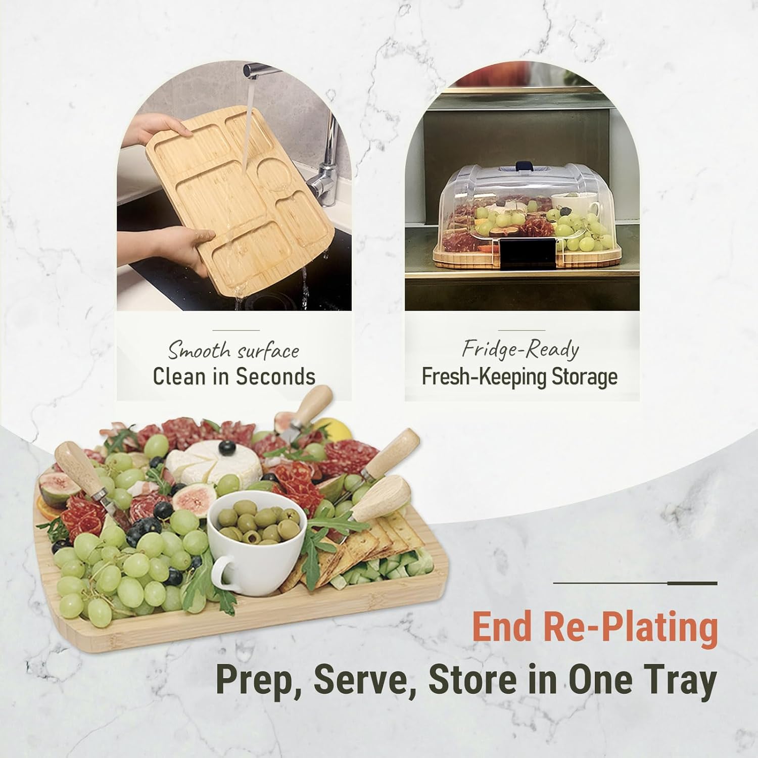 Large Portable Charcuterie Board with Tall Lid, Spill-Proof Covered Bamboo Cheese Tray for Travel, 6 Compartments 4 Knives, 2-in-1 Flip-to-Cut, Ideal Gift for Women – Valentine, Birthday, Housewarming - Image 6