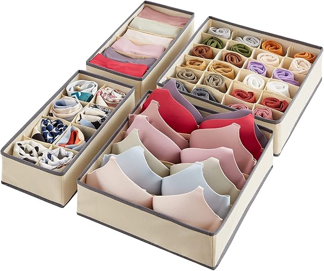 LEADSTAR Clothes Drawer Organisers Divider,4 Pieces Foldable Wardrobe Organiser - Fabric Drawer Divider Underwear Storage Boxes for Bras,Baby Clothes,Socks,Ties - Beige
