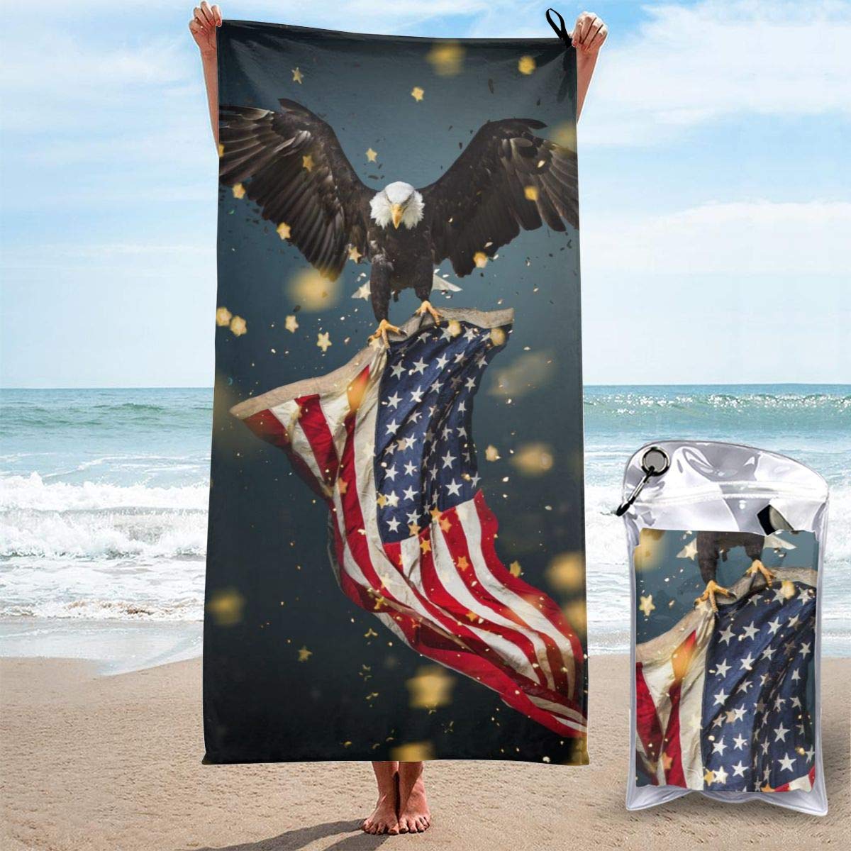 Dujiea Lightweight Beach Towels Quick Dry with Pocket, Bald Eagle American Flag Soft Microfiber Sand Free Pool Bath Outdoor Travel Towel for Camping Swimming Yoga Sports Girl Women Men Adults
