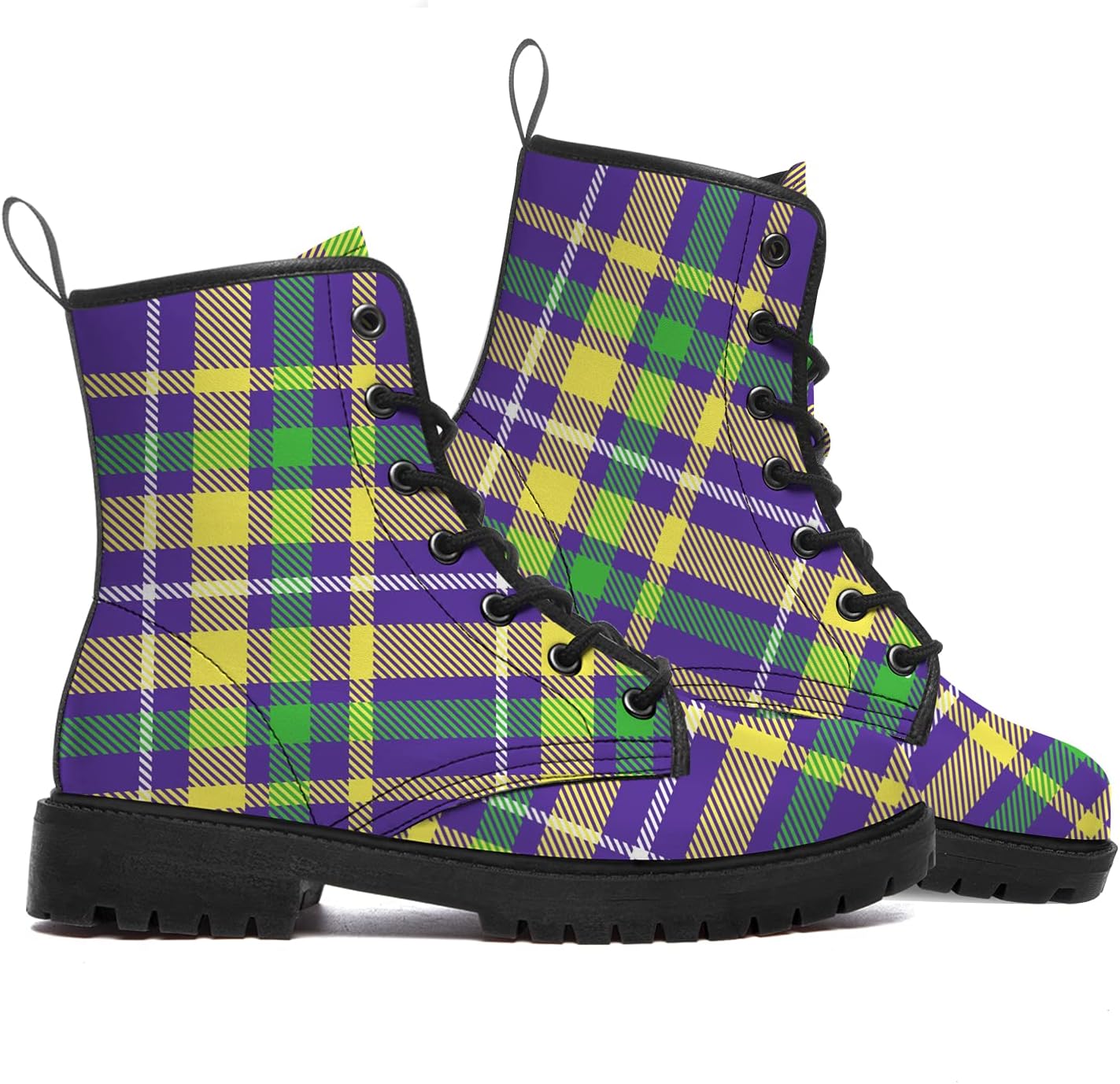 Tartan Plaid Boots Women Men Combat Boots PU Leather Lace-up Ankle Booties Gifts for Friends