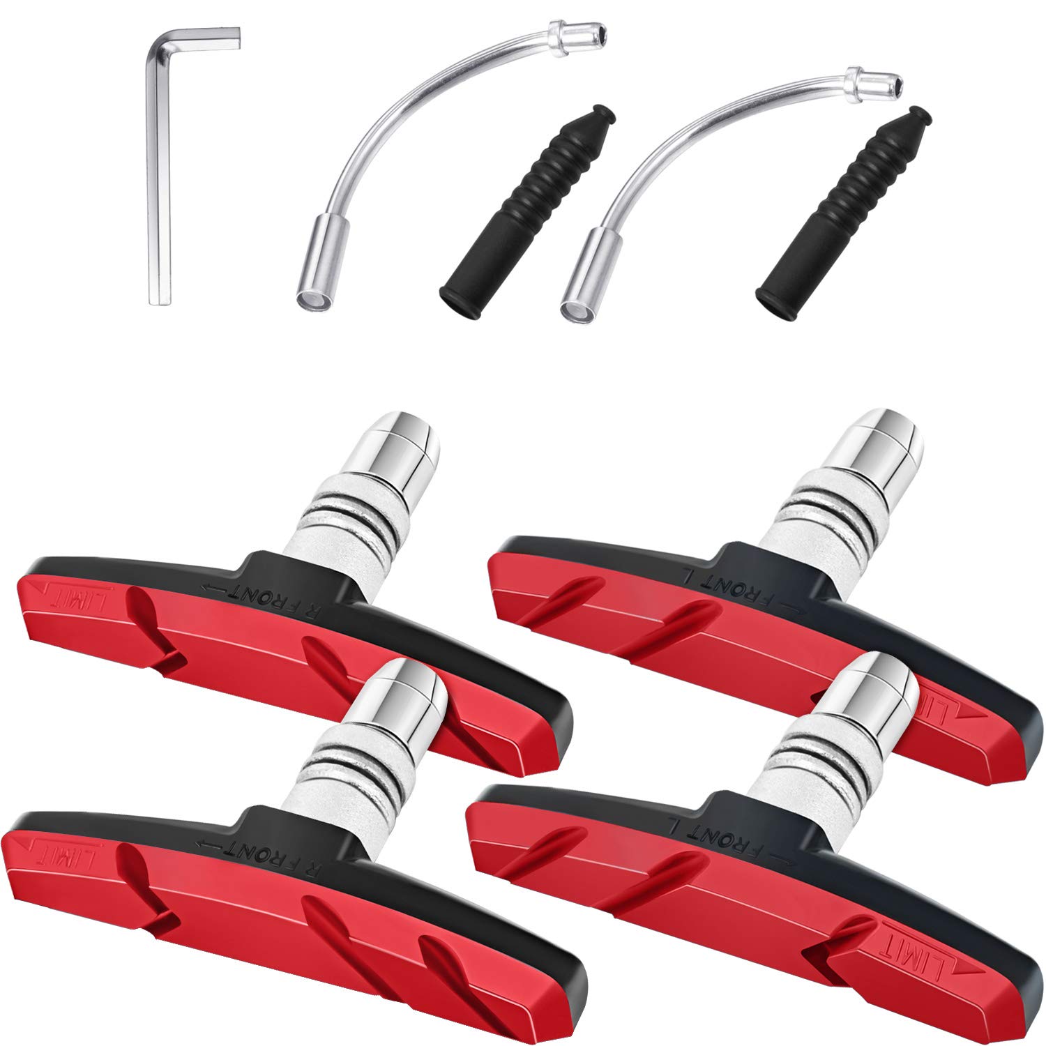 2 Pairs V Bike Brake Pads with Hex Nuts and Spacers V Bicycle Brake Blocks Set 70 mm One L Tool and 2 Pieces Brake Noodles Cable Guide Tube Rubber Boots Bicycle Riding Set (Black and Red)