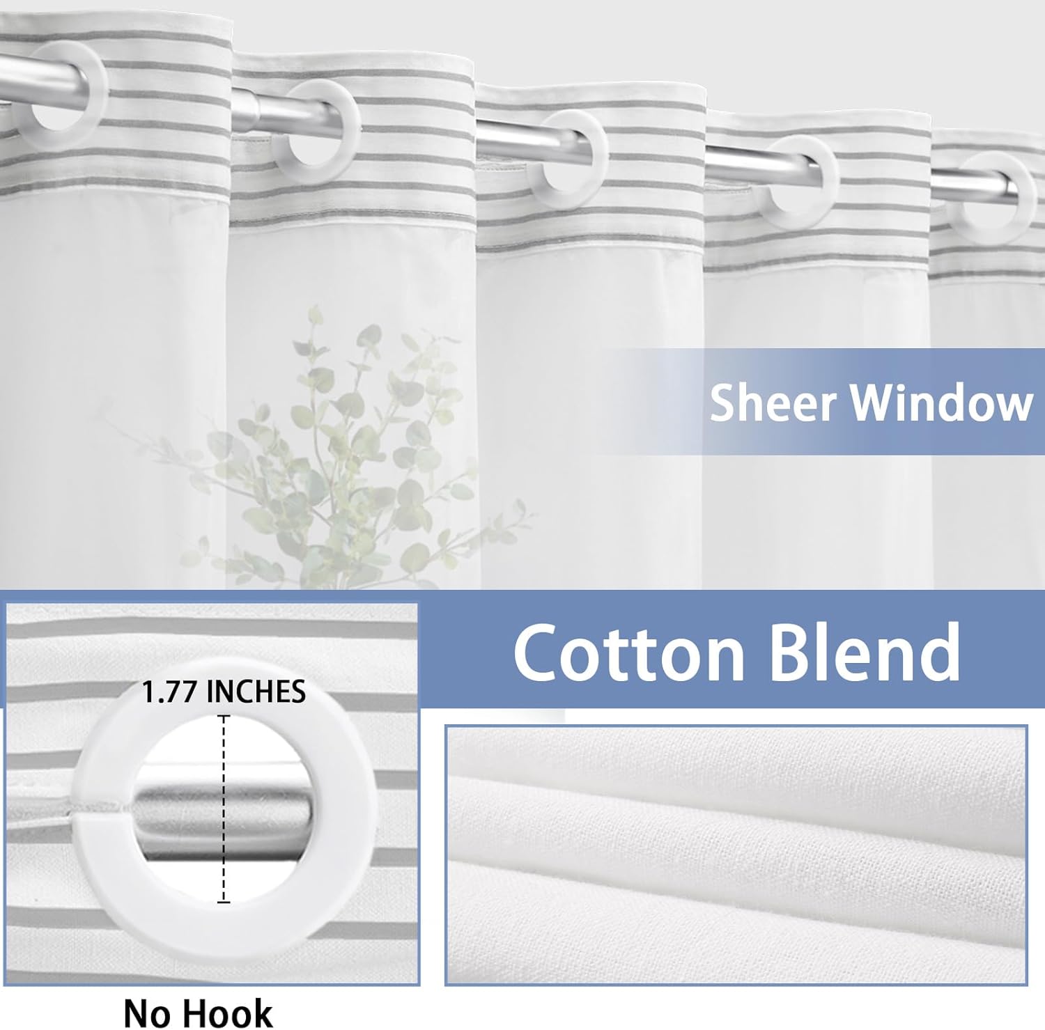 No Hook Shower Curtain and Liner Set,Gray Boho Striped Shower Curtain for Bathroom Cotton 75" L x 72" W