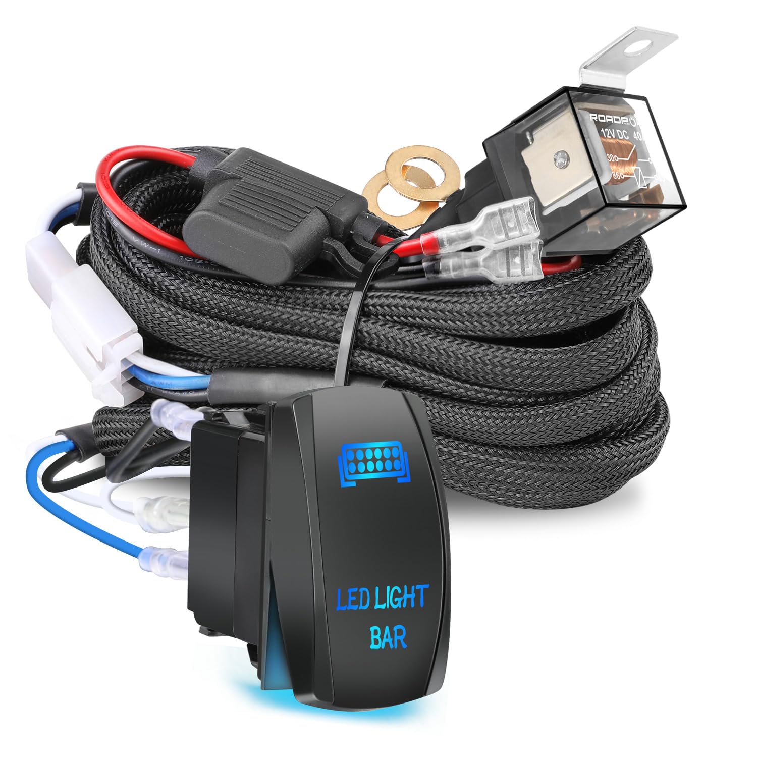 Nirider Wiring Harness 2 Lead, 12V 40A Rocker Switch Relay Fuse Nylon Wiring Harness Kit for LED Light Bars Fog Lights Work Lights Driving Lights Offroad LED Pods Wire Kit for Truck UTV ATV Boat