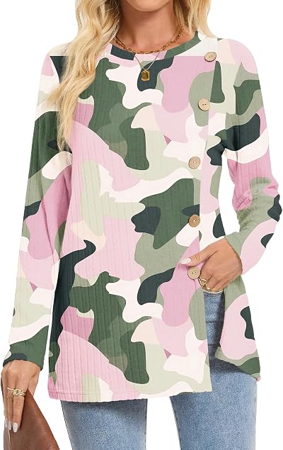 YSYOKOW Womens Long Sleeve Tops Dressy Casual Blouses Trendy Loose Fit Shirts Side Split Tunic