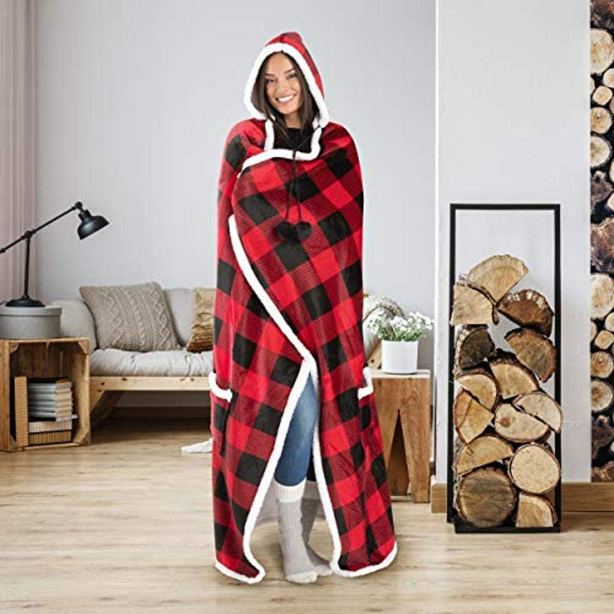 Premium Wearable Hooded Blanket for Adult Women and Men 71"x51" - Super Soft, Lightweight, Microplush, Cozy and Functional Throw Blanket Buffalo Plaid Red & Black