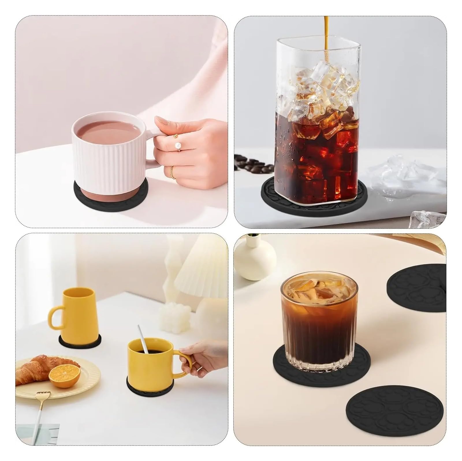 Sottobicchieri Auto Silicone Sottobicchieri in silicone nero con supporto, sottobicchieri for bevande antiscivolo da 4 pollici set di 6, sottobicchieri decorativi for scrivania, tavolo, caffè