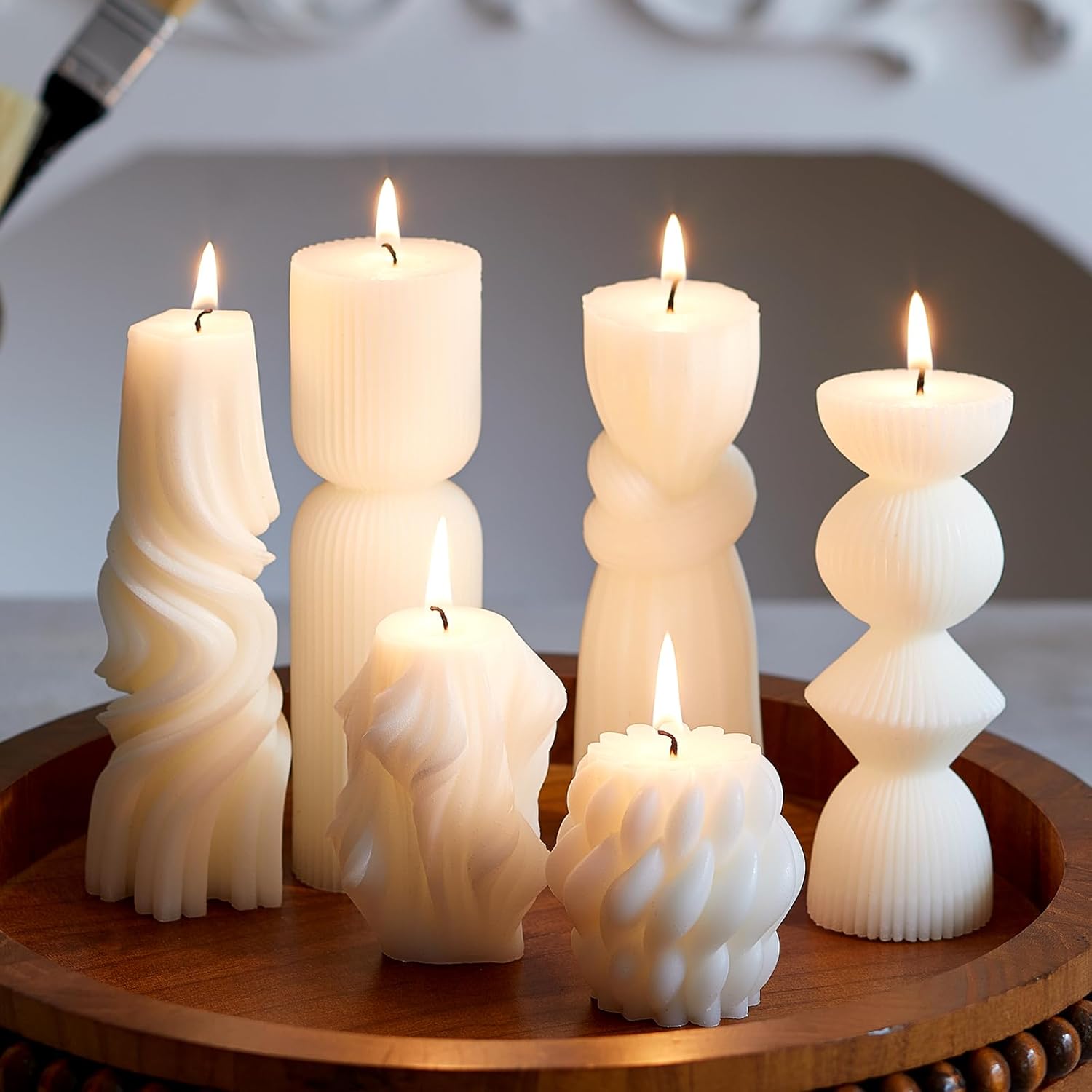 6 Pcs Small Handmade Ribbed Pillar Candle Set, Soy Wax Modern Home Decor for Living Room Bedroom, Aesthetic Table & Shelf Decor, Perfect Housewarming Gift (White, Small)
