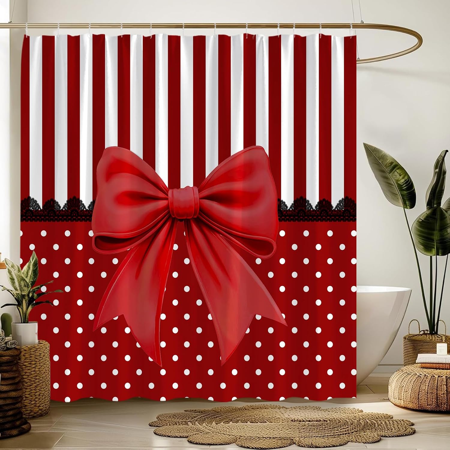 Red Stripe Polka Dot Shower Curtain 70" W x 70" H with Hooks