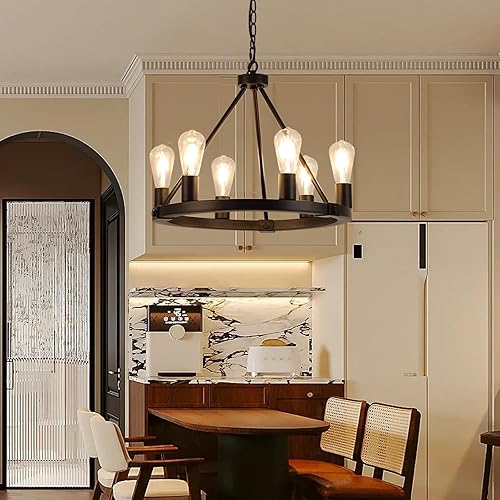 Miniatura 7 de 9MMML Candelabro de rueda de vagón de 10 luces, luces colgantes de hierro forjado redondo negro para sala de estar, cocina, isla, porche, entrada,