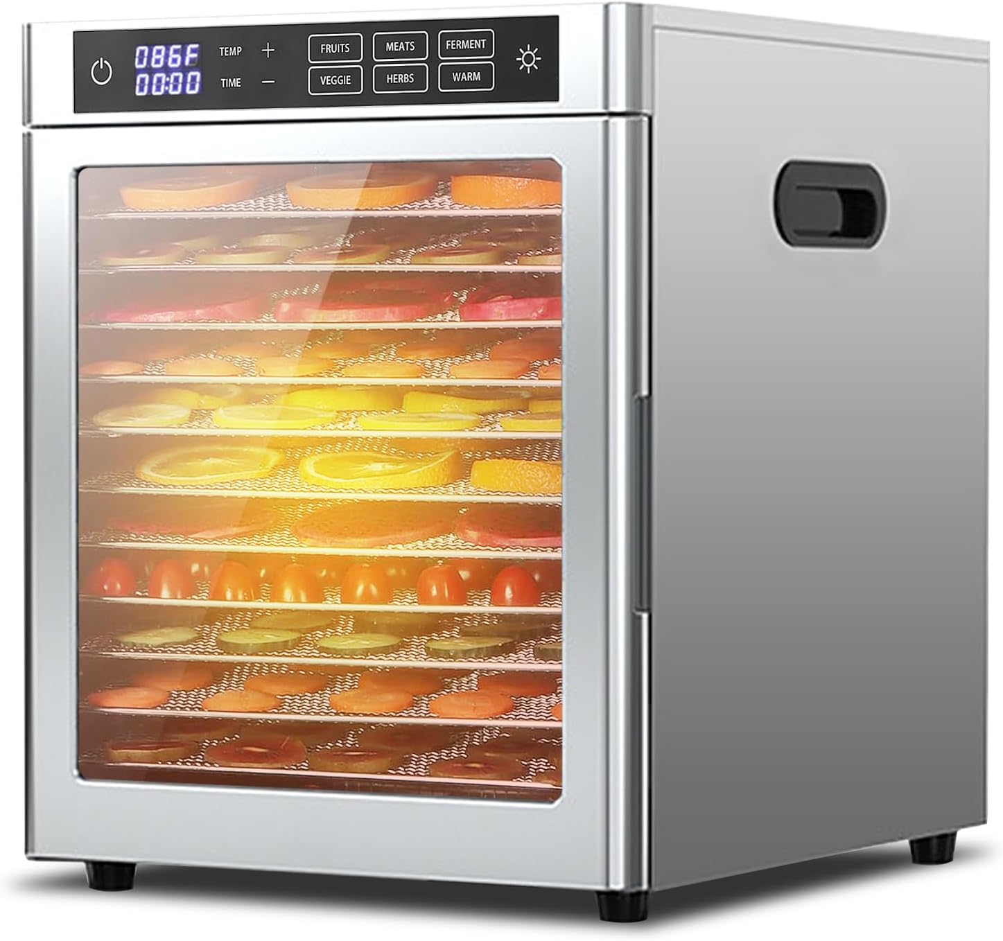 Food Dehydrator Machine 12 Stainless Steel Trays, Food Dryer for Fruit, Meat, Vegetables and Pet Food, 86 ℉ - 185 ℉ Adjustable and 0.5~24 Hours Digital Time Control, Includes Recipe Book