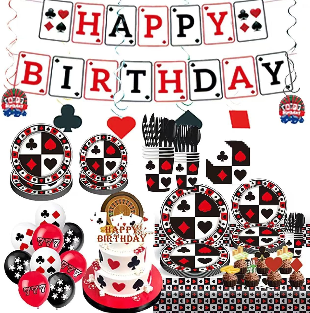 141PCS Casino Party Decorations Set, Las Vegas Party Supplies Include: Tablecloth, Banner, Balloons, Cake Toppers and Hanging Decorations, Suitable for Poker Night, Casino Birthday Party Decorations