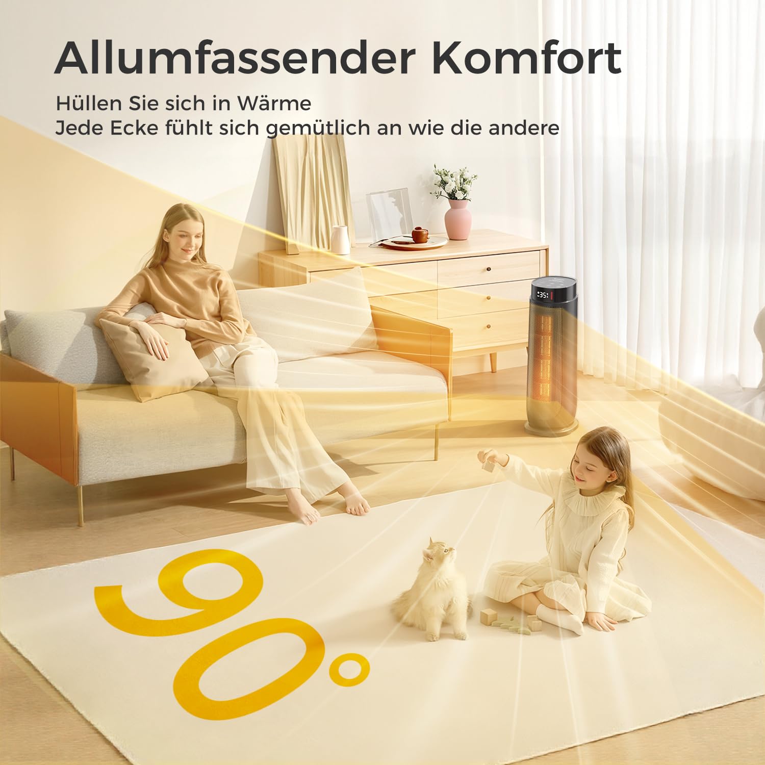 PTC Heizlüfter für Zuhause, Überhitzungs Kippschutz, Schwarz, 2000W