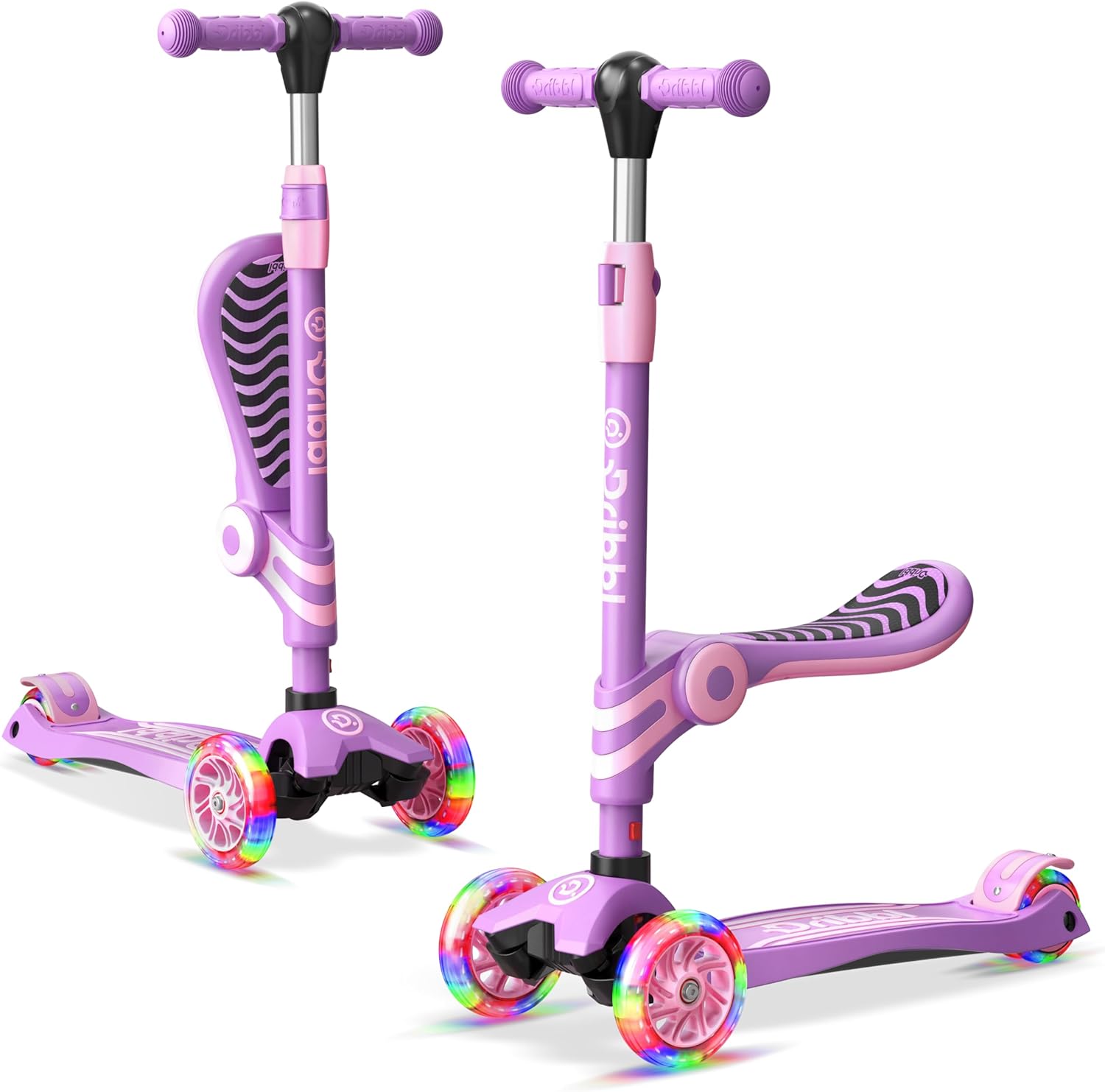 Purple 3 Wheel Scooter with Seat for Kids, Light-Up Wheels, Adjustable Lean to Steer Handlebar and Seat, Smooth Wheels, Wide No-Slip Deck, Rear Foot Brake, Toddler Outdoor Toys for Ages 2+