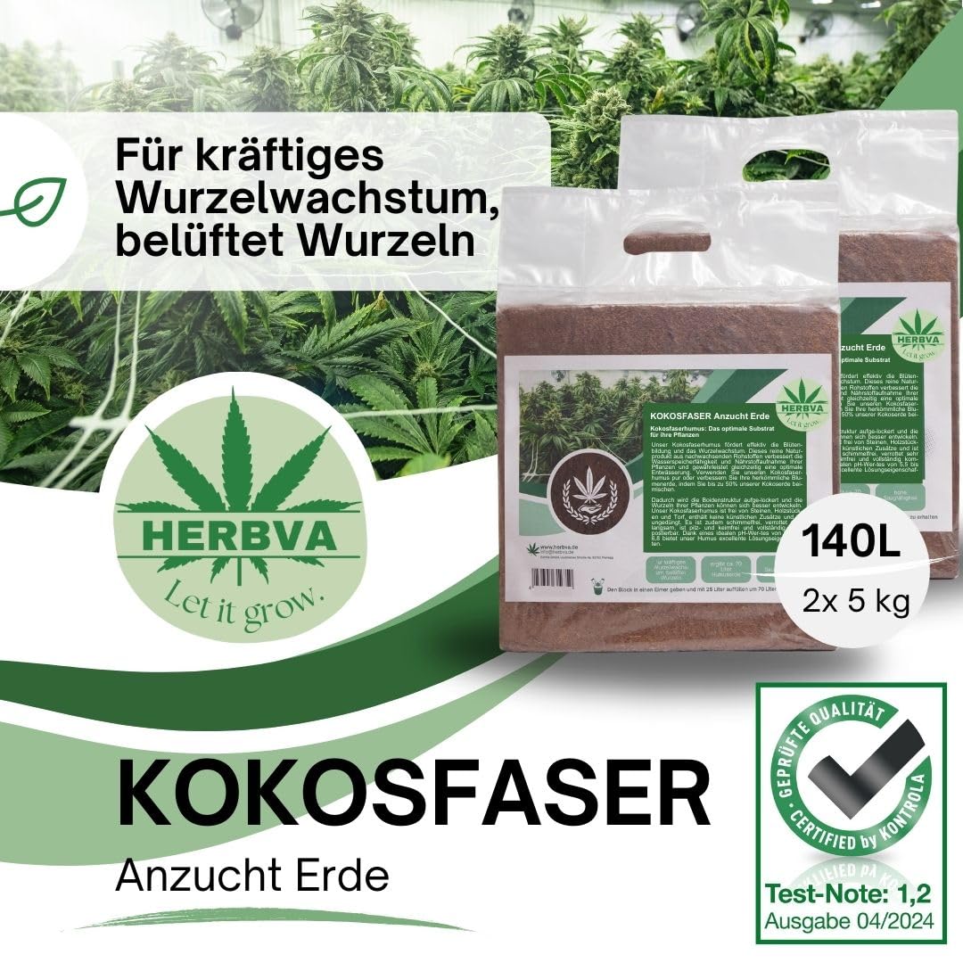 Bio Kokoserde - Herbva Growerde 140L (2X 5kg) | Hochwertige Kokosfaserhumus für Indoor & Outdoor, Anzuchterde, Professioneller Growmix | Ideal für den Anbau von Heimpflanzen| Bio Erde für Pflanzen