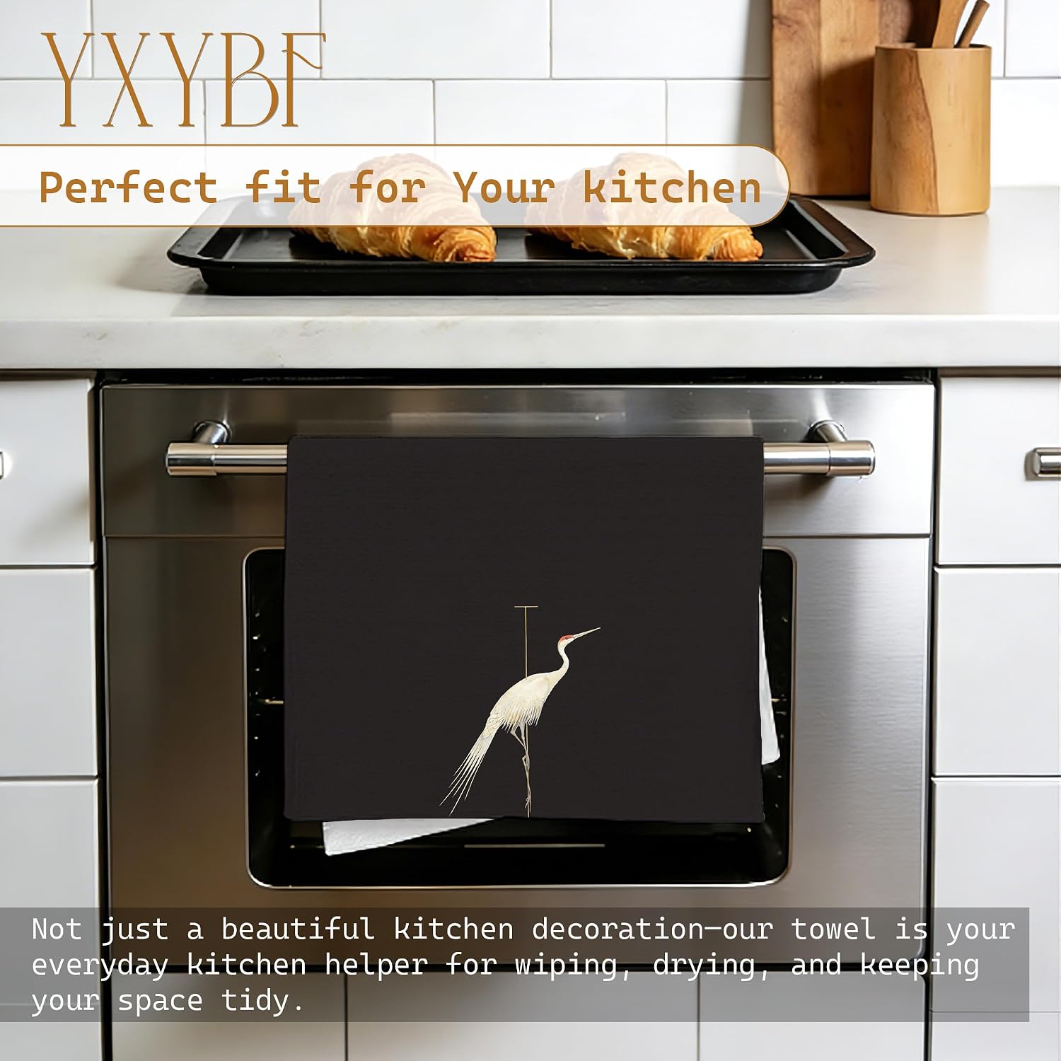 Minimalist Japanese Crane Bird Hand Dish Tea Towels for Kitchen Bathroom Decor 16x24 Inches, Dark Academia Elegant Crane Bird Kitchen Towels Decorative