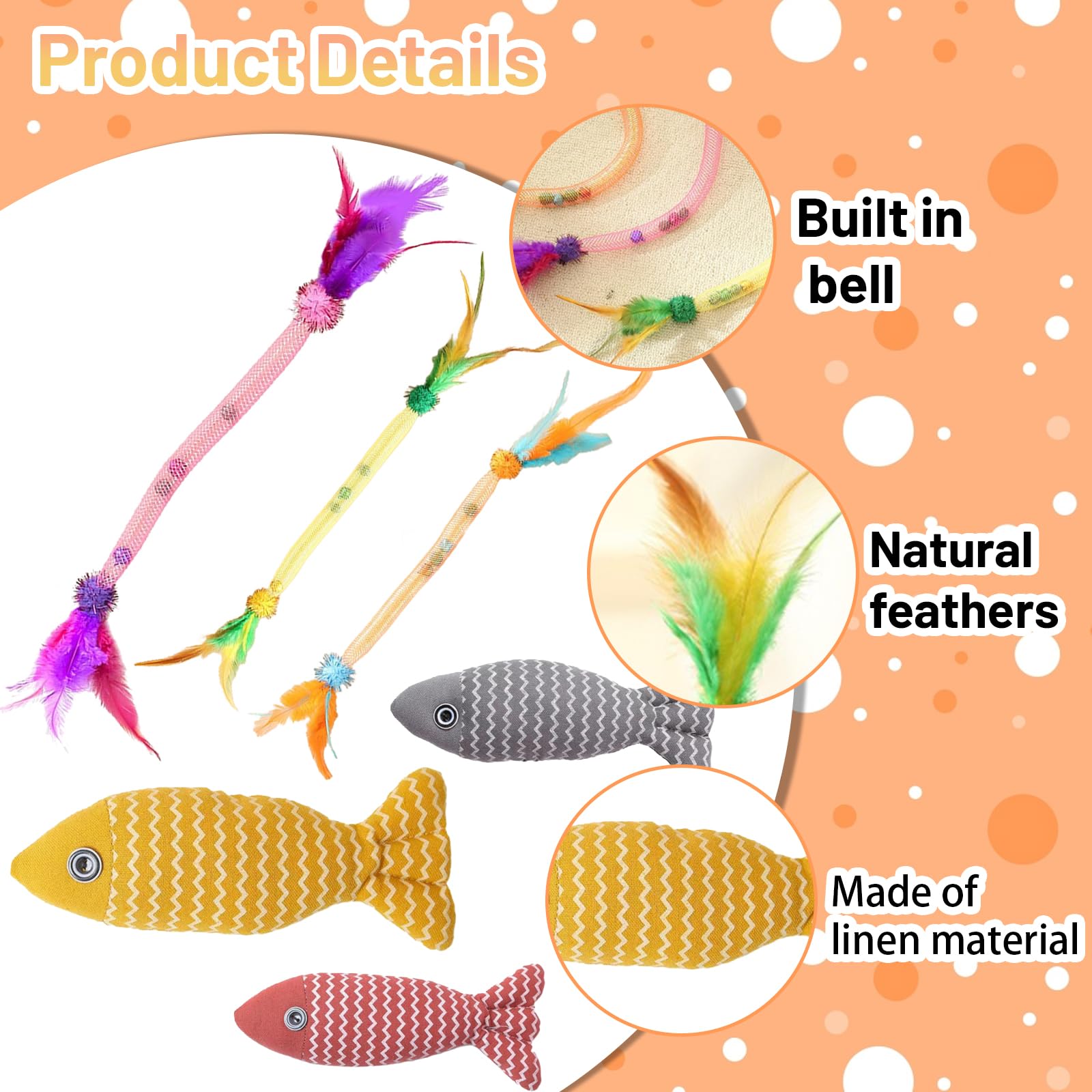 PonFxp 6 Pcs Cat Nip Toys Cats, 40cm Interactive Catnip Toy with Feathers and Bell, 21cm Fish-Shaped Kitten Toy - Image 3