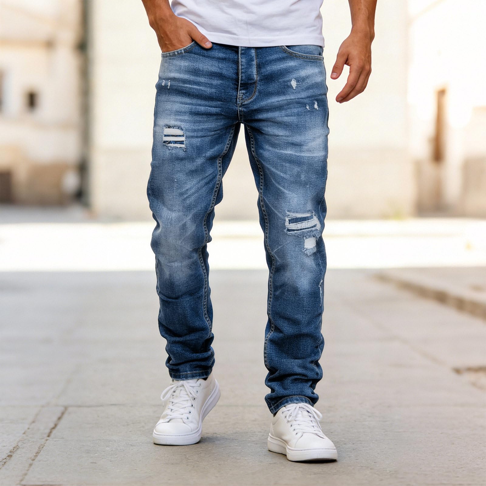 Jeans Herren Straight Jeanshose Sommerjeans Regular Fit Y2K Streetwear Destroyed Herrenjeans Outdoor Hosen Männer