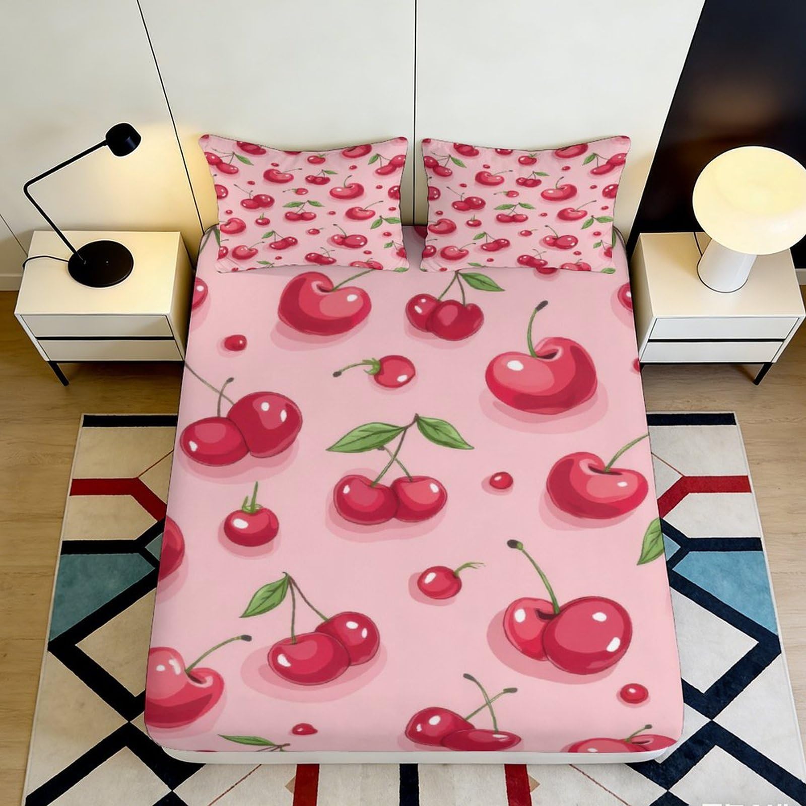 3D Printed Cherry Fitted Sheet Microfiber Soft Breathable Cherry Pattern Bed Cover for Bedroom Dormitory Guest Room Mattress Protection Decoration 160x200x25cm