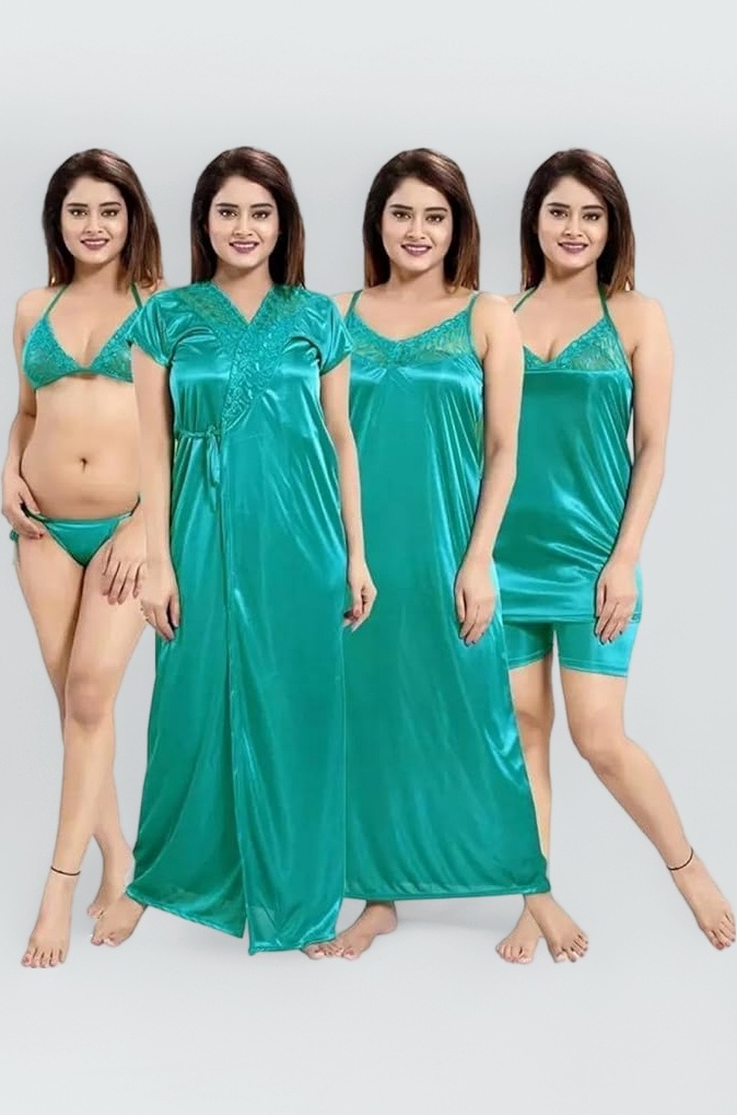 Women Satin Nighty Set with Robe Top, Shorts and Lingerie Set | Comfortable Maxi Nightwear Gown Sleepwear for Ladies for Regular & Lounge Wear (6 pcs)