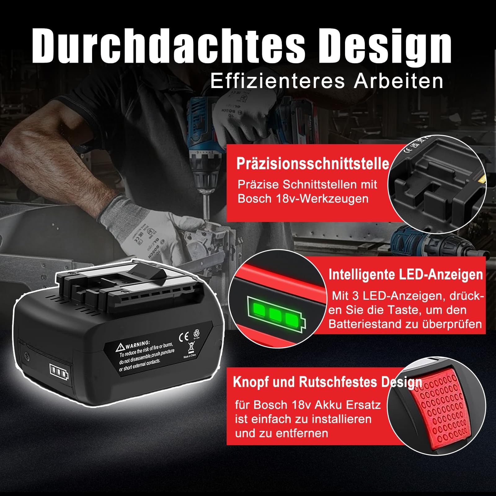 4 Stück 8.0Ah/8000mAh Ersatzakku für Bosch Akku 18V Li-Ionen-Akkus für Bosch 18V Akku BAT609 BAT622 BAT609G BAT618G BAT619 BAT618（Nicht kompatibel mit Home & Garden Geräten sowie PBA-Ladegeräten）