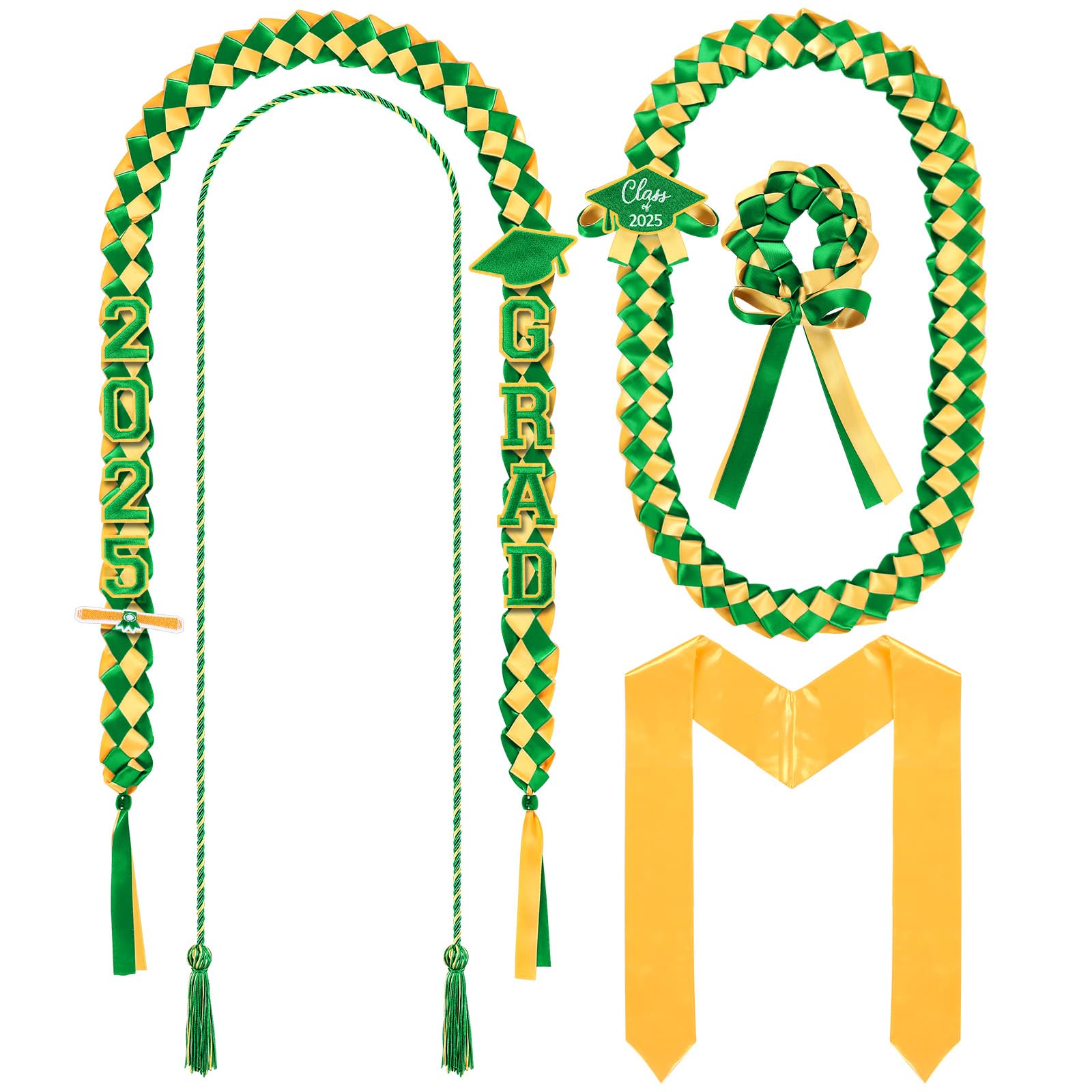 Canlierr 18 Pcs Graduation Leis and Stole and Honor Cords 2025 Braided Necklace Adjustable for Student Graduation Gifts Party Supplies(Green and Gold)