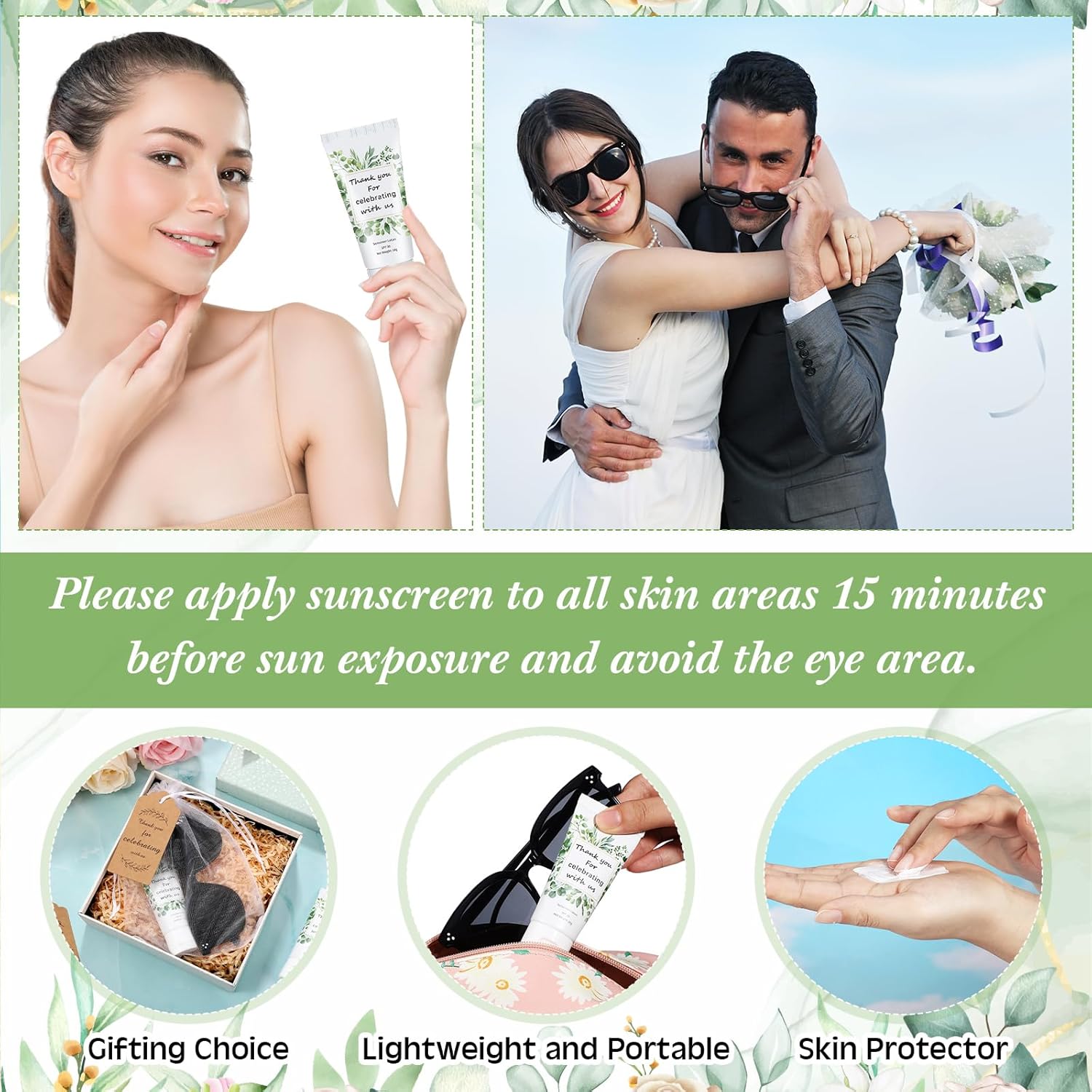 12 Sets Mini Sunscreen and Sunglasses Bulk for Wedding Party Spf30 Water Resistant Sunscreen Lotion Bulk 1oz Travel Size for Thank You Gifts Wedding Party Supplies (Eucalyptus)