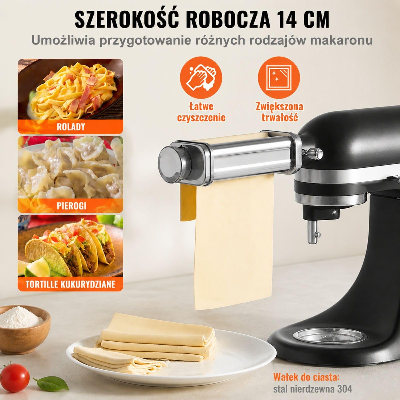 Ręczna maszynka do makaronu ze stali nierdzewnej, wałkownica z 8-stopniową regulacją grubości do spaghetti, lasagne i tagliatelle, intuicyjna obsługa i łatwe czyszczenie