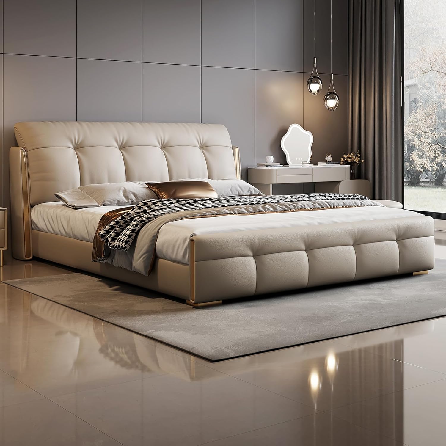 Modern Light Luxury Full Size Bed Frame, Upholstered Platform Bed Ergonomic Upholstered Headboard, Noise-Free