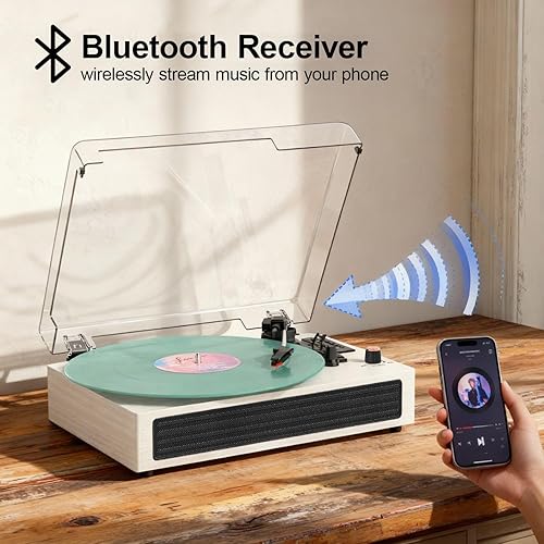 Miniatura 2 de Tocadiscos de vinilo Bluetooth, tocadiscos retro de 3 velocidades con altavoces integrados, grabación USB, parada automática AUX, reproductor LP de